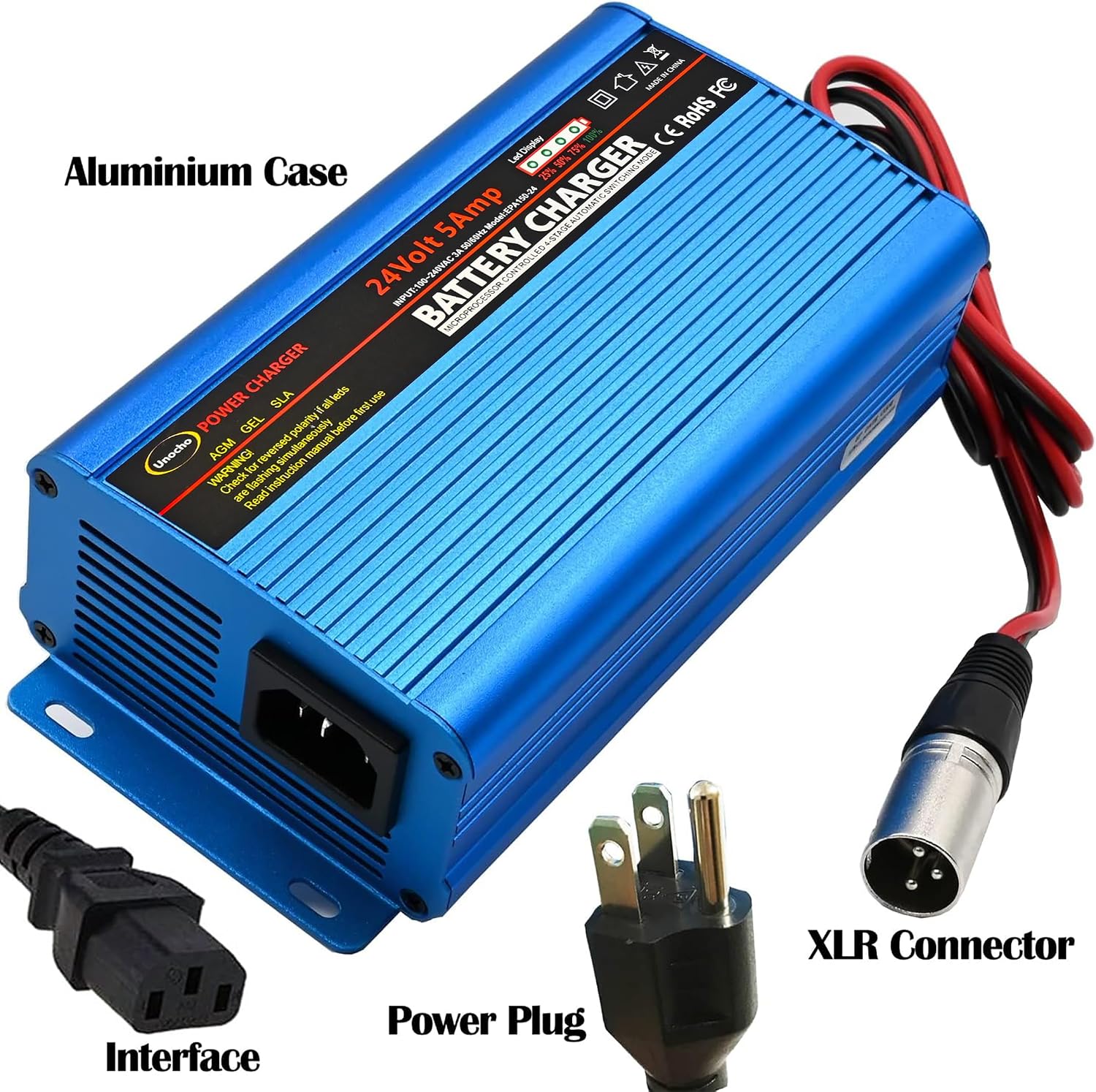 Unocho 24V 5A Battery Charger Maintainer 4-Stage Smart Lead-Acid Charger with 3-Pin XLR Connector Power Switch and LED Display for Wheelchairs Mobility Scooters AGM Gel SLA VRLA