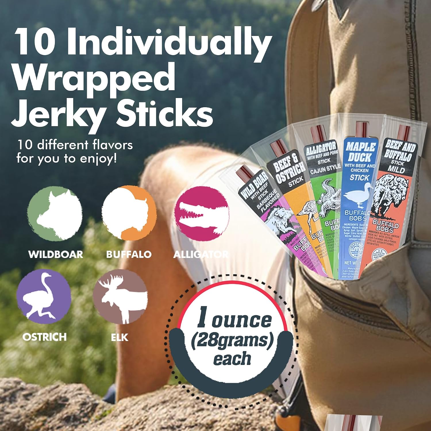 Jerky-n-Spice Wild Game Exotic Meat Sticks (10-Pack) | Ultimate Beef Jerky | Savory Snacks Variety Pack for Adults | Perfect Gifts for Anniversary, Camping, Hunting & Birthday Events
