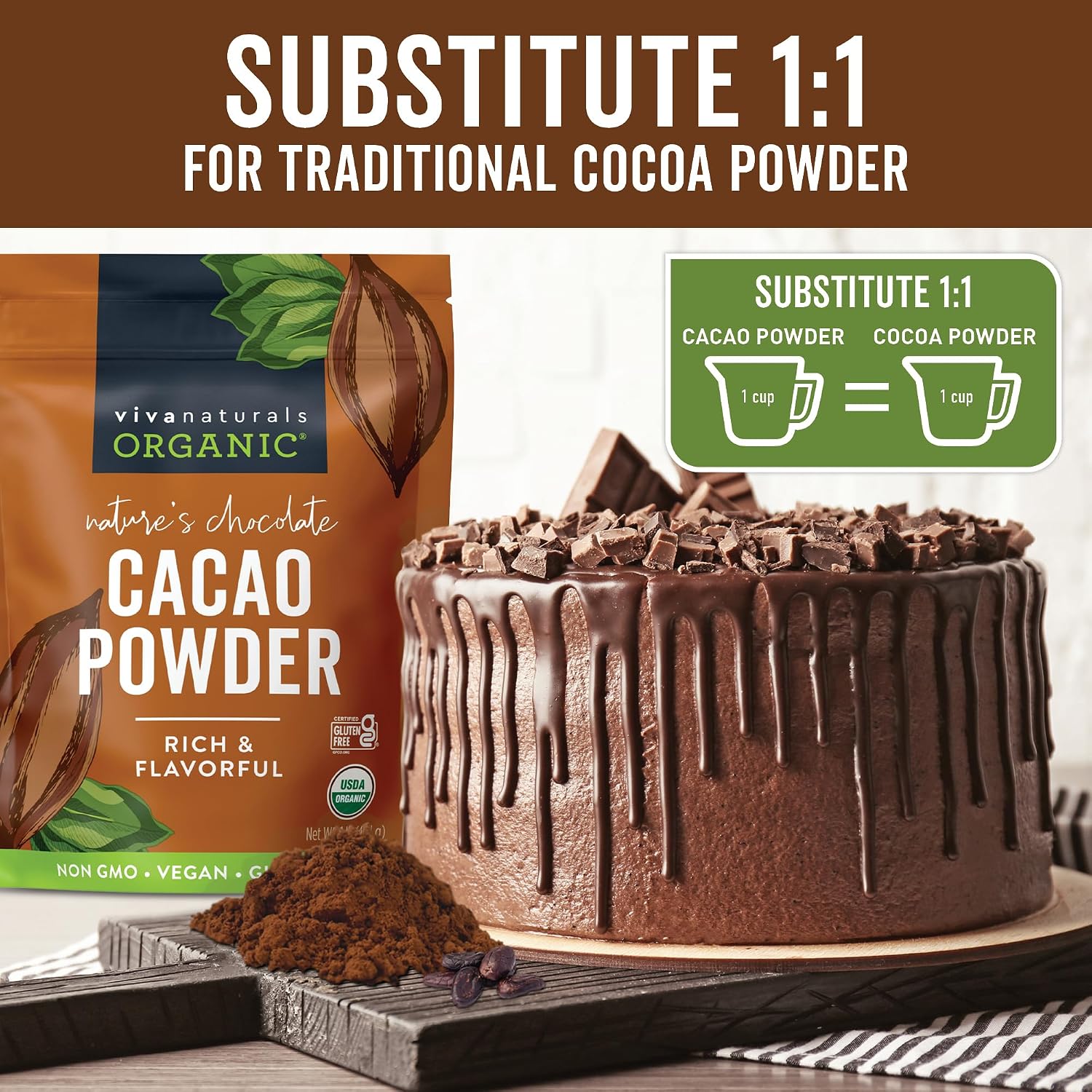 Organic Cacao Powder, Unsweetened, 1 lb (454 g) – Rich Dark Chocolate Flavor, Perfect for Baking, Smoothies & Hot Chocolate – Vegan, Keto, Paleo, Non-GMO & Gluten-Free Cocoa Powder