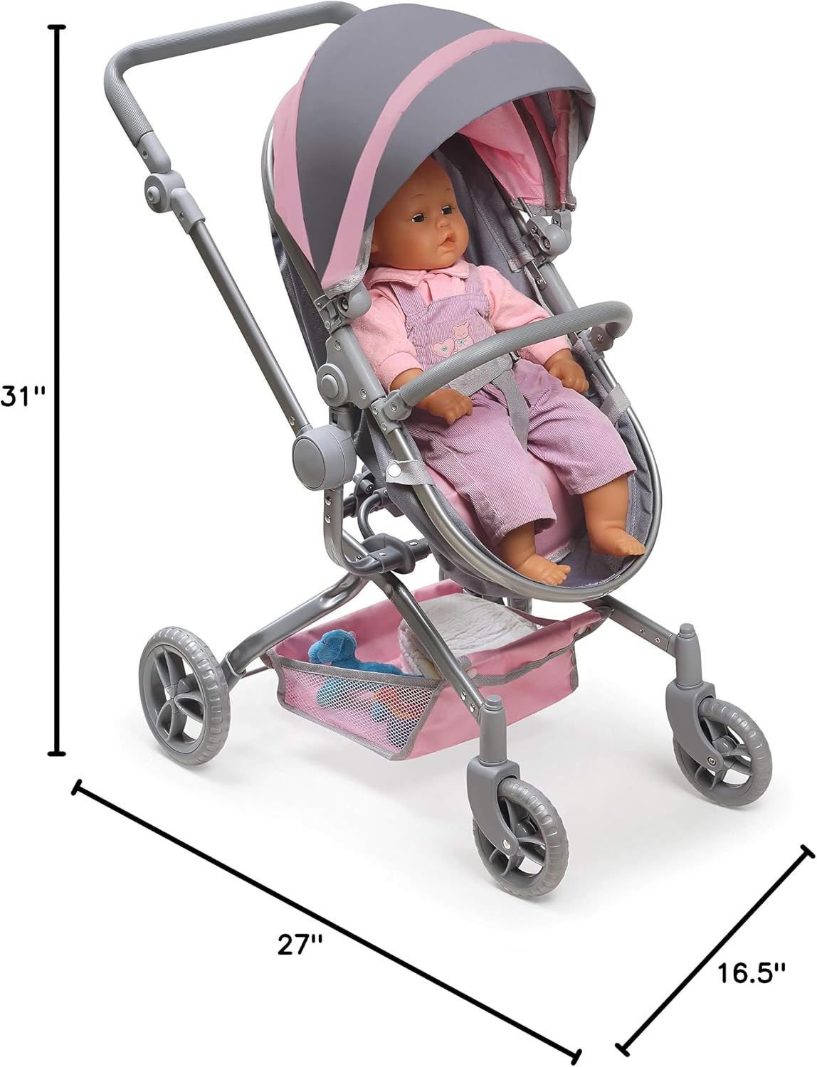Badger Basket Foldable Doll Stroller & Pram with Canopy - Gray/Pink
