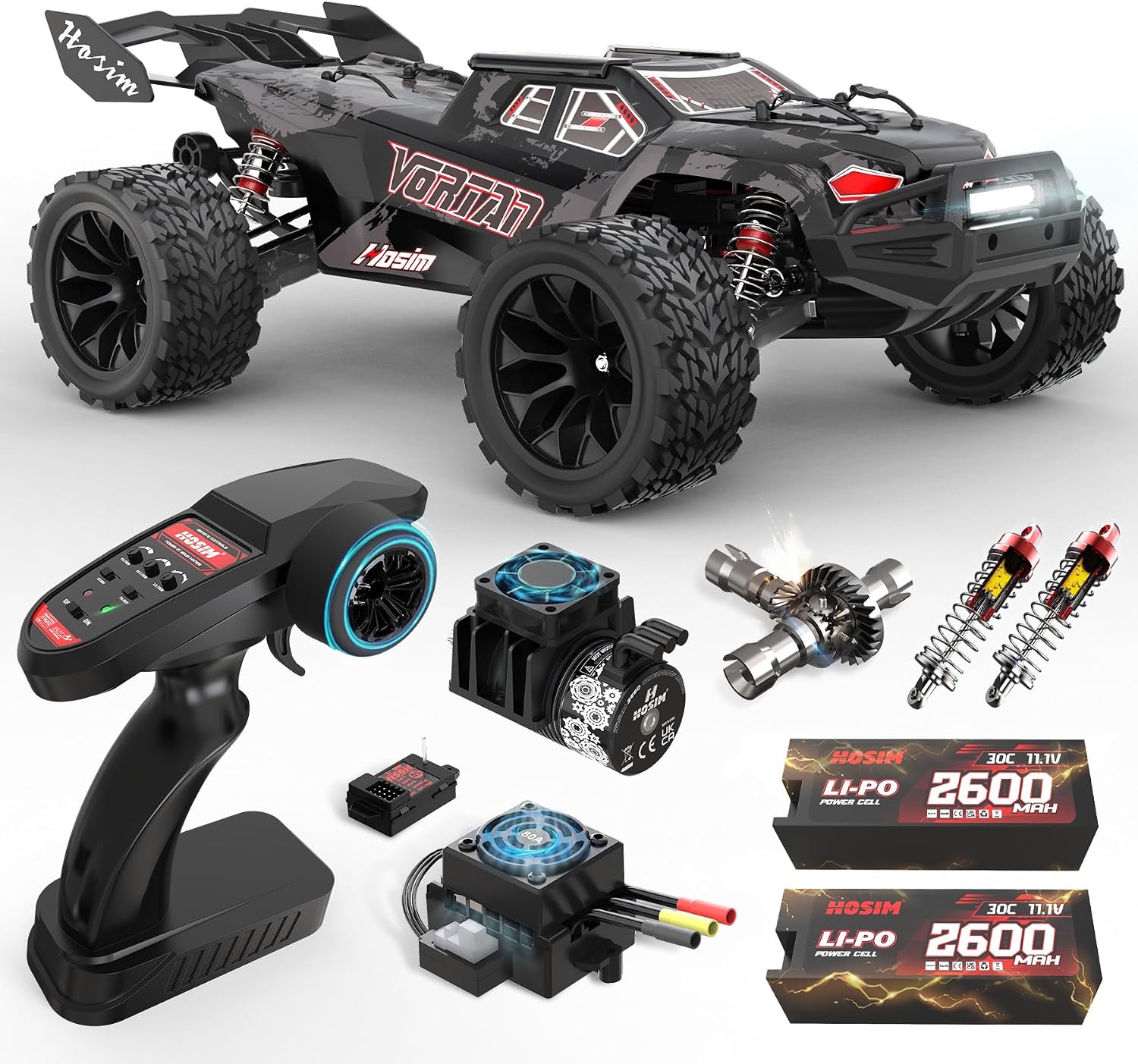 Hosim Mini 1:8 Brushless RC Cars for Adults, VEXARO 50+MPH Fast RC Trucks | 3660 3100KV Brushless Motor & 80A ESC, 2* 2600mAh 3S Lipo, Chrome Steel Central Transmission, All-Metal Oil-filled Shocks