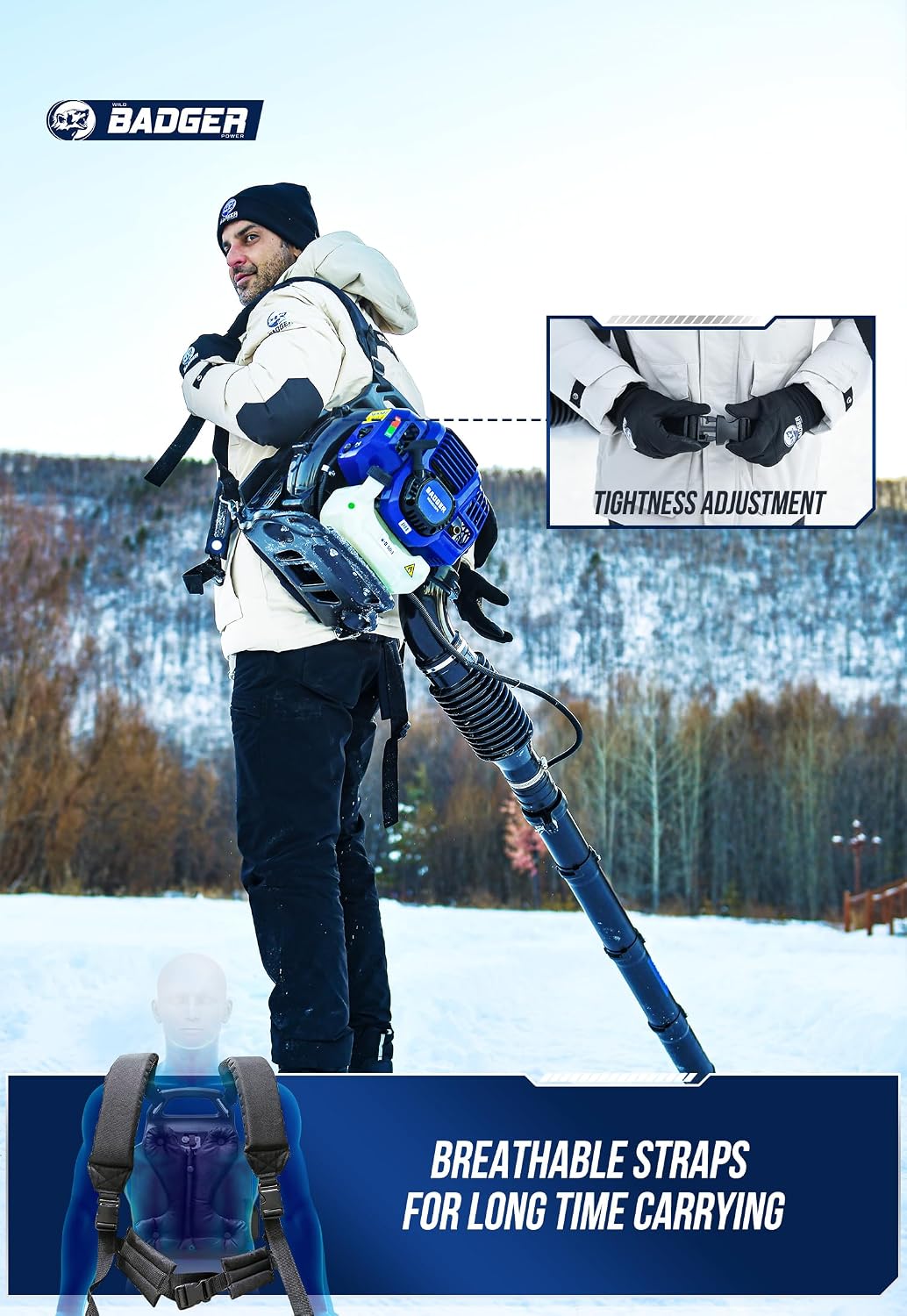 WILD BADGER POWER Leaf Blower Backpack, 43cc Gas Powered Strong Air Flow, Light Weight 17.4 lbs, Ideal for Leaf, Sand, Gravel, Snow, Yard and Driveway