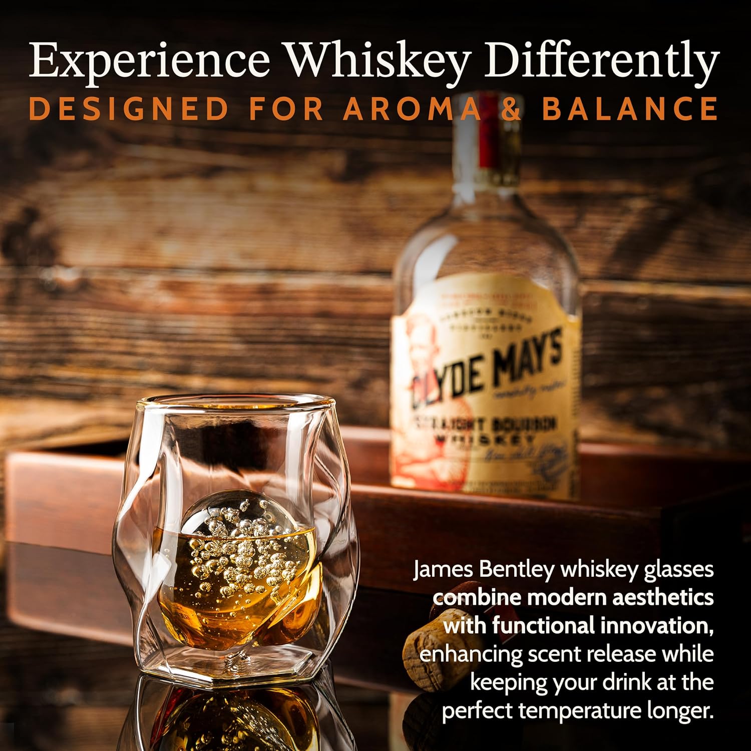 JAMES BENTLEY JB Whiskey Glasses, Set of 2 + 2 Slow-Melting Ice Ball Molds | Hand-blown insulated 6oz double-wall borosilicate glass, bourbon