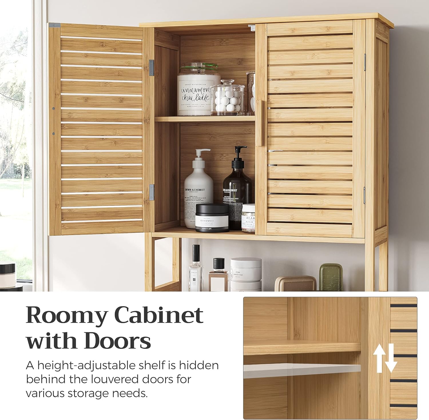 SONGMICS Bamboo Over The Toilet Storage Cabinet, Adjustable Inside Shelf