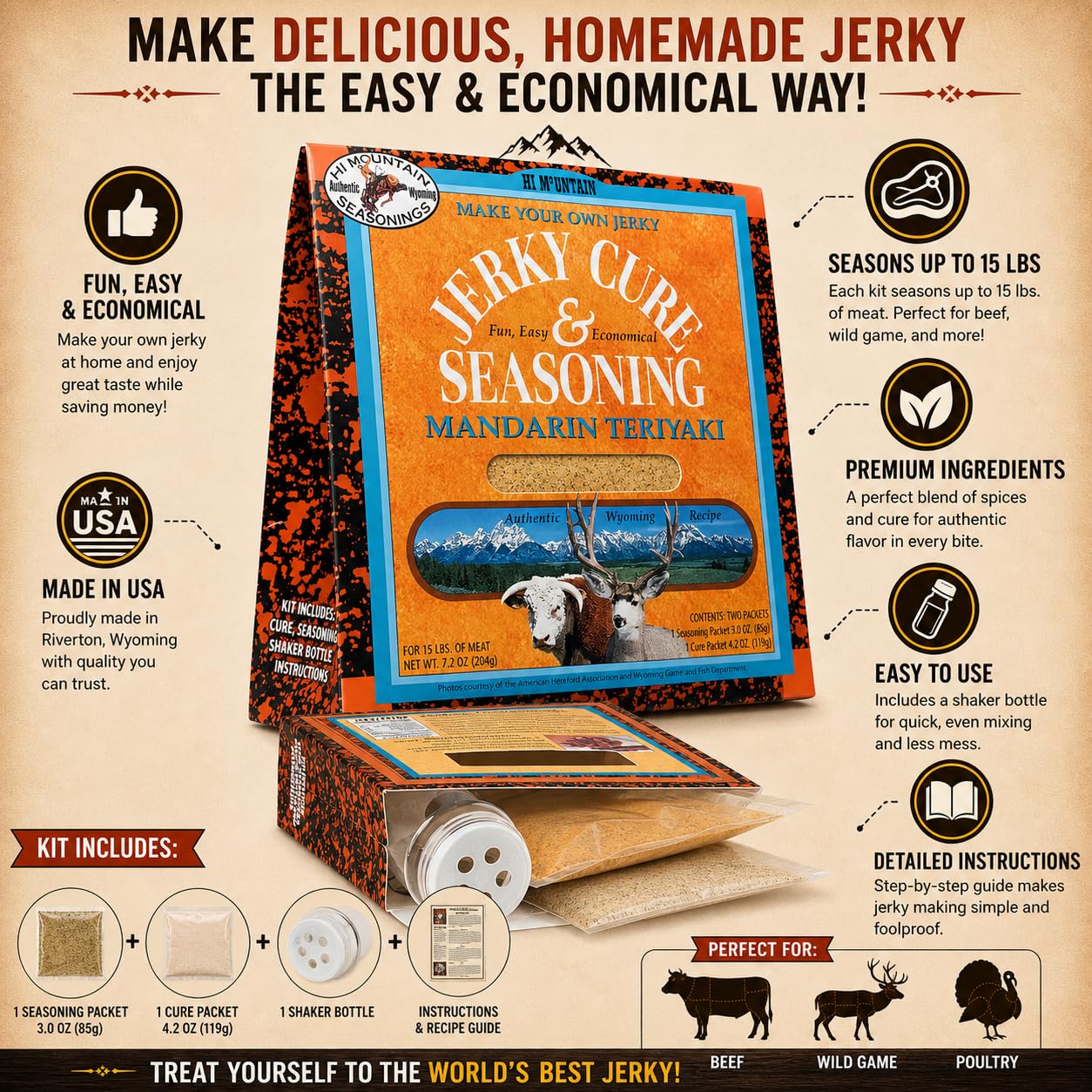 Hi Mountain MANDARIN TERIYAKI BLEND Beef Jerky Seasoning and Cure Kit | Sweet teriyaki citrus flavor, perfect jerky seasoning for deer, elk