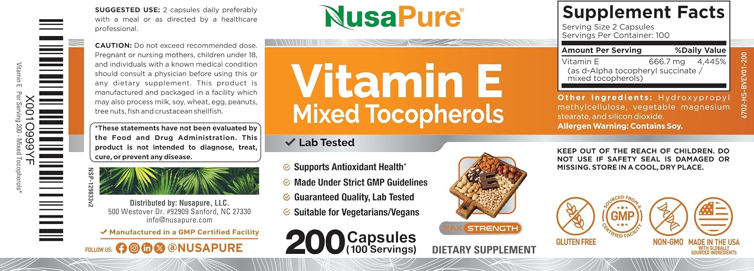Vitamin E Mixed Tocopherols, Non-GMO Vegan, 200 Veg Capsules - 100 Servings | Plant Based with Gluten Free Formulation, Suitable for Adults