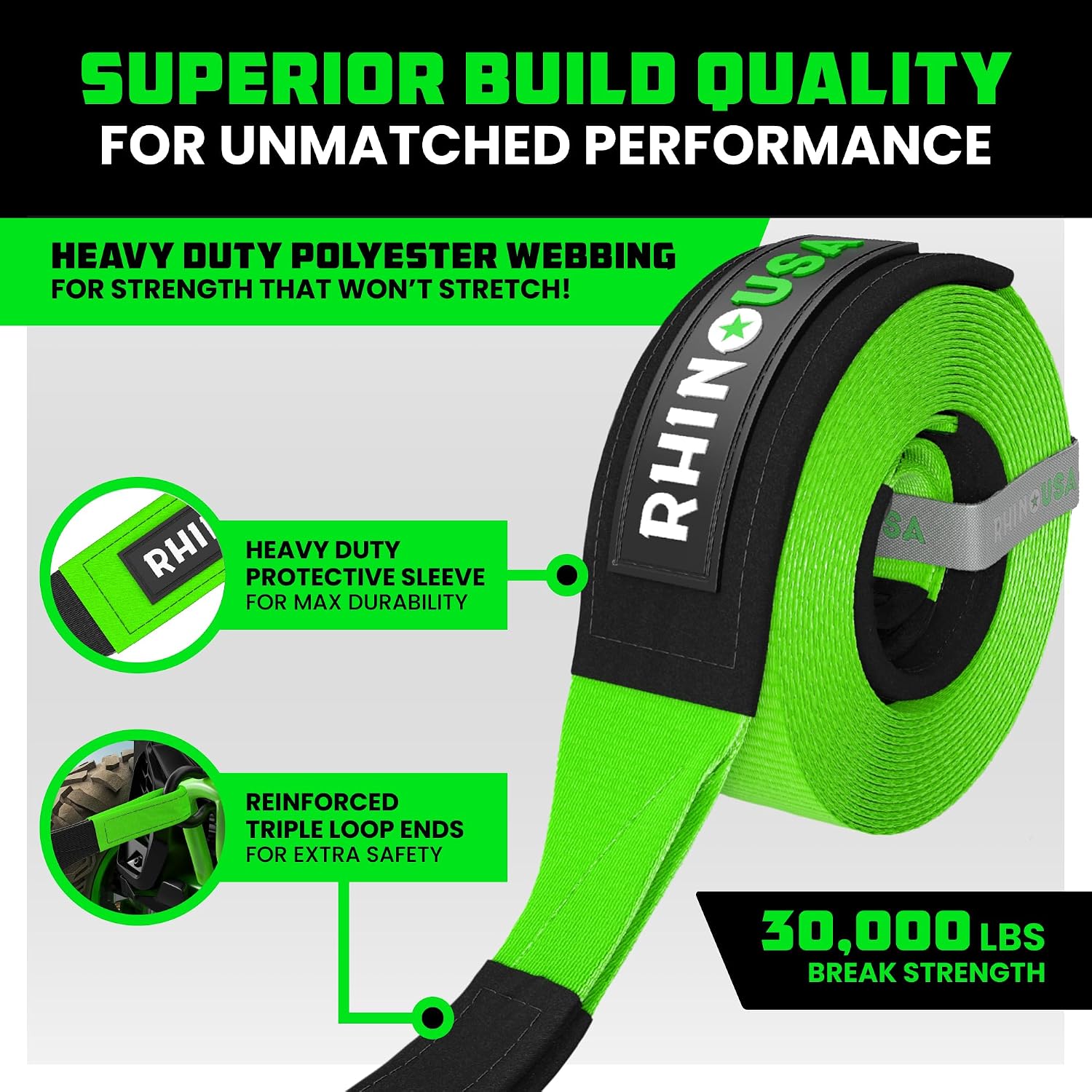 Rhino USA Recovery Tow Strap (3in x 30ft) - 31,518lb Heavy Duty Towing | 31,518lb Break Strength Emergency Tow Strap, Extended 30ft Length. For Truck, UTV, ATV & Jeep Offroad Recovery. Black