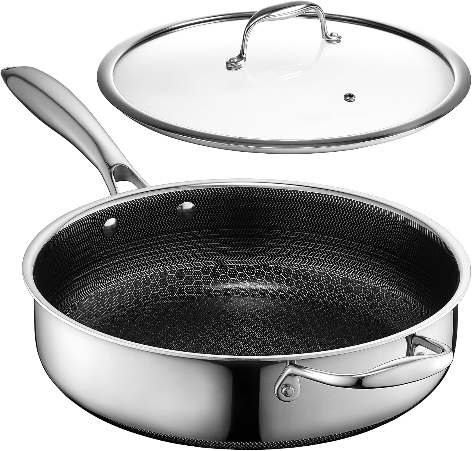 HexClad 4.5 Qt Hybrid Nonstick Deep Sauté Frying Pan & Lid, Induction Ready | Stay-Cool Handles, Dishwasher and Oven Safe up to 900°F, Compatible with All Cooktops