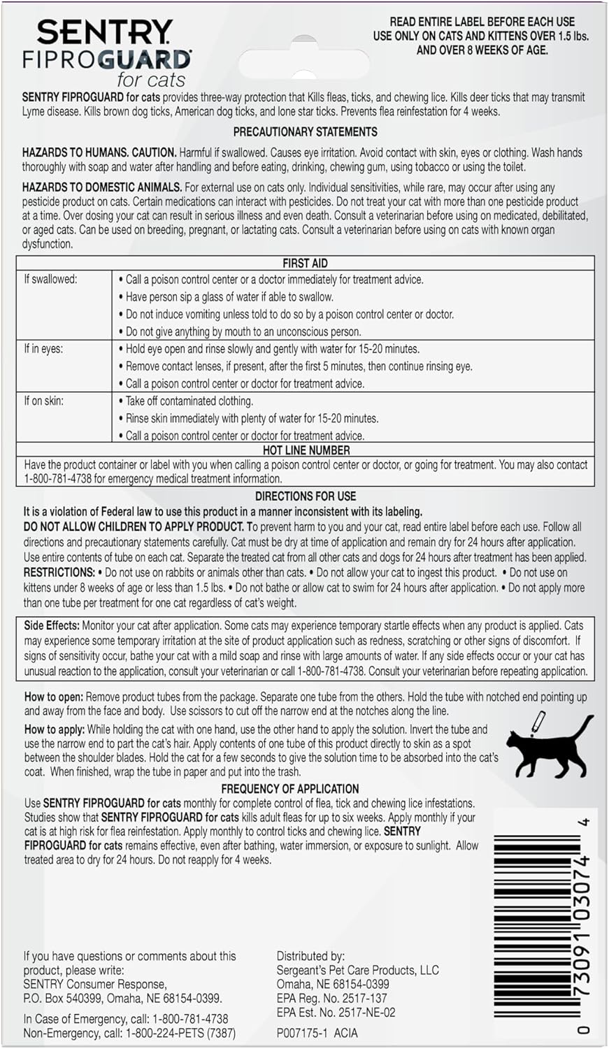 Sentry Fiproguard Flea & Tick Cats 1.5 lbs+, Fipronil, 6-Month | Ideal for Cats & Kittens 1.5 lbs+, Kills Fleas, Ticks & Chewing Lice for 30 Days