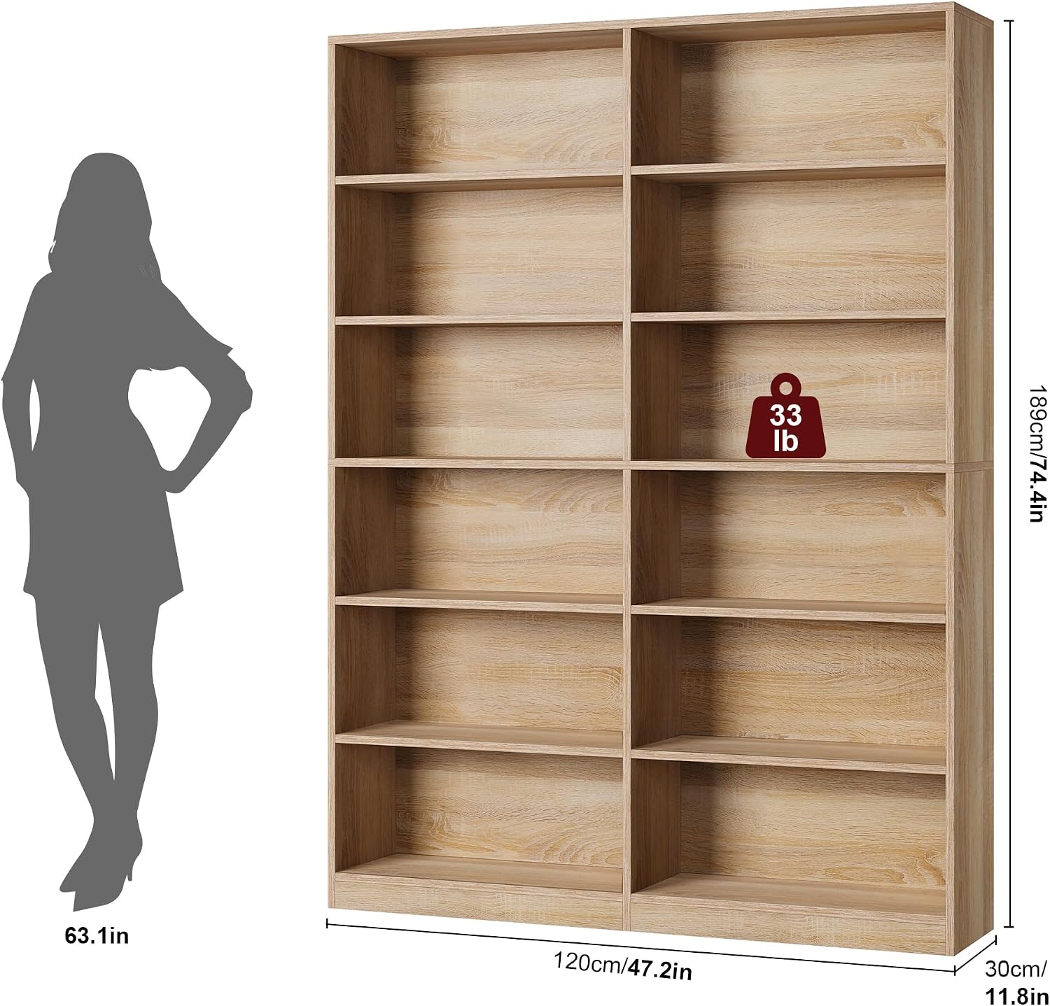 Bookshelf Tall Bookcase, 6-Tier Double Wide Bookshelves, White | Freestanding Display Storage Shelves, Tall and Large Book Shelves for Home Decor Bedroom, Living Room, Home Office, Library