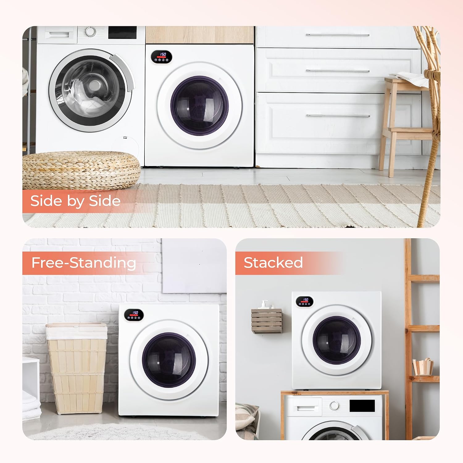 Euhomy Compact Laundry Dryer, 3.5 cu ft Front Load Stainless Steel Clothes Dryers With Exhaust Pipe, 1500W