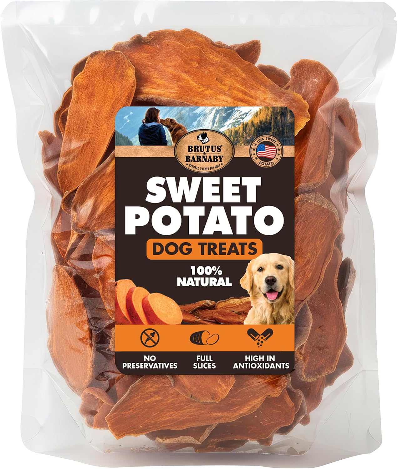 BRUTUS & BARNABY Dried Sweet Potato Dog Treats & Chews, Full Slices, 14 oz | Single ingredient, healthy, hypoallergenic; gentle on sensitive stomachs. Made in USA, thick cut for large breeds