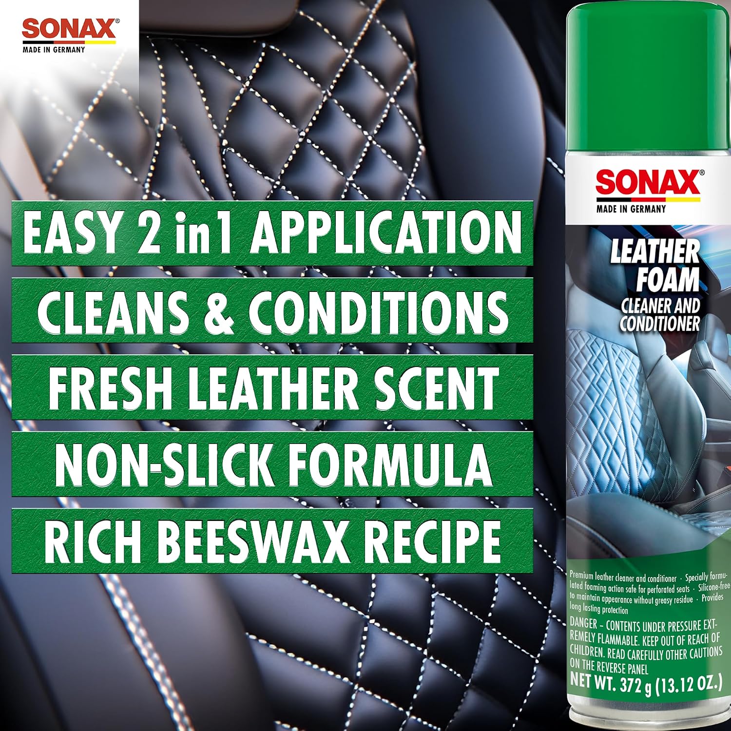 SONAX Leather Foam 289300 | 2 in 1 Aerosol Leather Cleaner and Conditioner | Safe to Use on Perforated Air Conditioned/Heated Seats | UV Protection