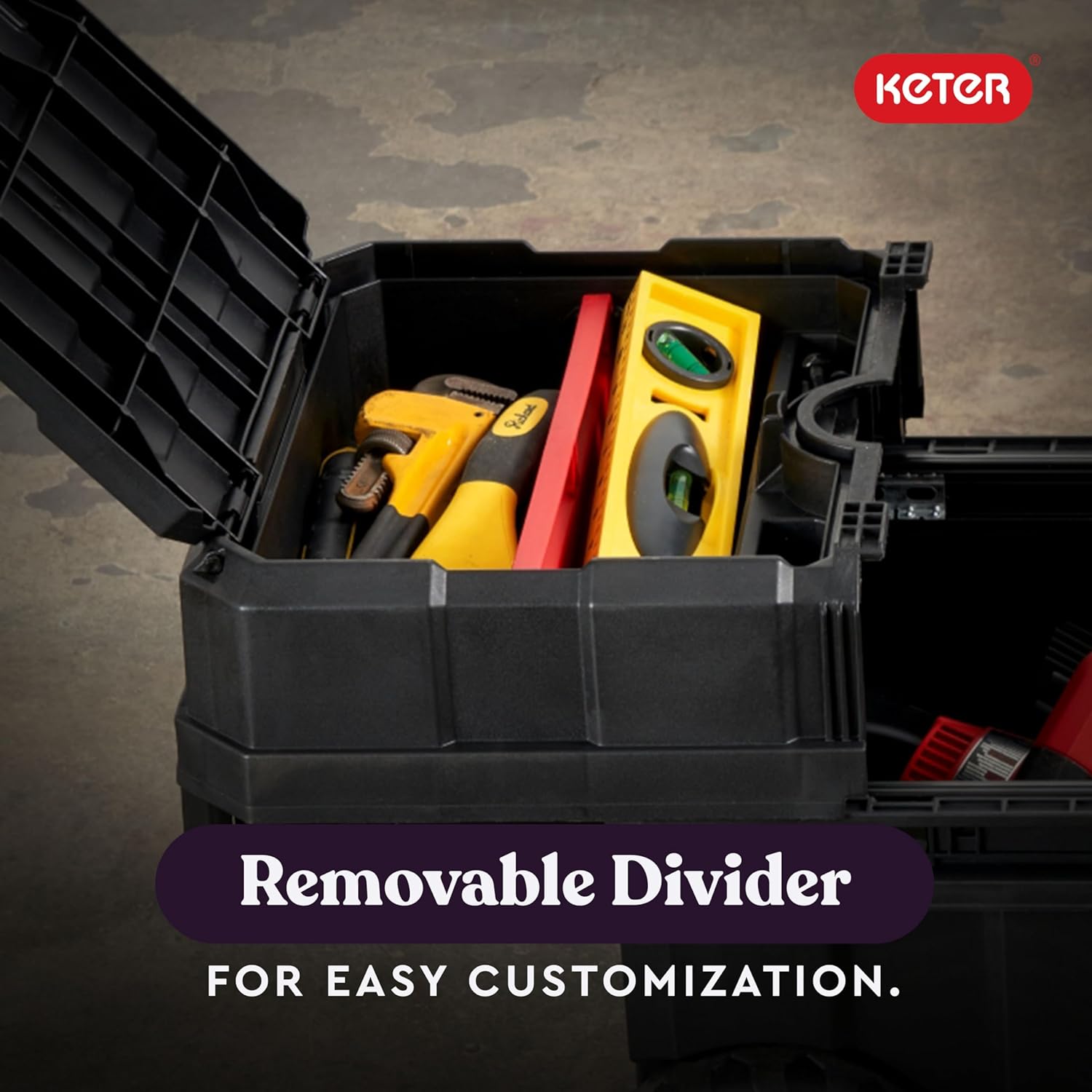 Keter Masterloader Resin Rolling Tool Box with Locking System and Removable Bins – Perfect Organization and Storage Chest for Power Drill, Tape Measure, and Screwdriver Set, Black | Black, Heavy Duty, Weatherproof, All Terrain Wheels, Durable, Easy Slide…