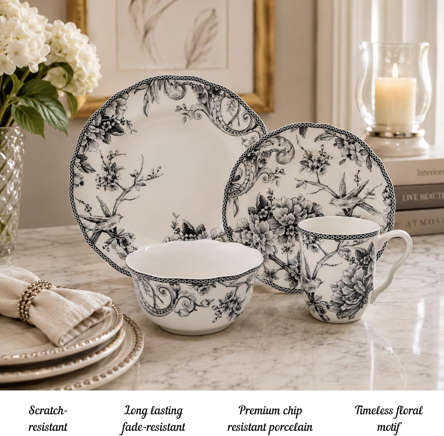 222 Fifth Adelaide 16-Piece Black Porcelain Dinnerware Set – Service for 4, Featuring Hand-Applied Romantic Woodland Bird Design