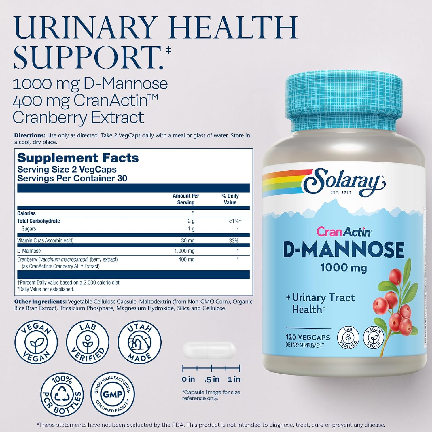 SOLARAY D-Mannose with CranActin Cranberry 400 mg, 60 VegCaps | Urinary Tract & Bladder Support - D-Mannose, CranActin Cranberry & Vitamin C - 30 Servings - Vegan, Lab Verified