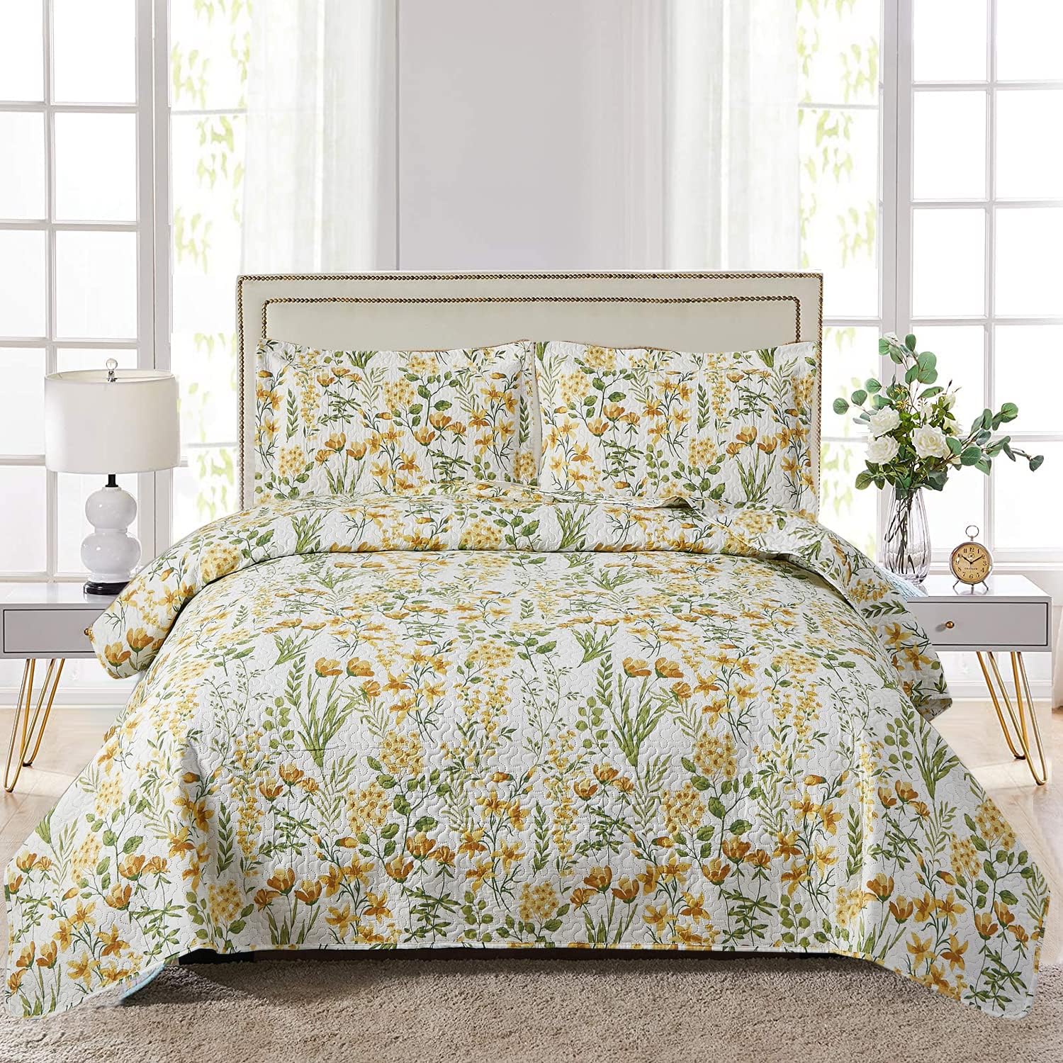 Ycosy Floral Quilt Set Full/Queen Size Reversible Flower Bedspread Queen Summer Lightweight Quilt Bedding Purple Floral Quilts Green Leaves Coverlet