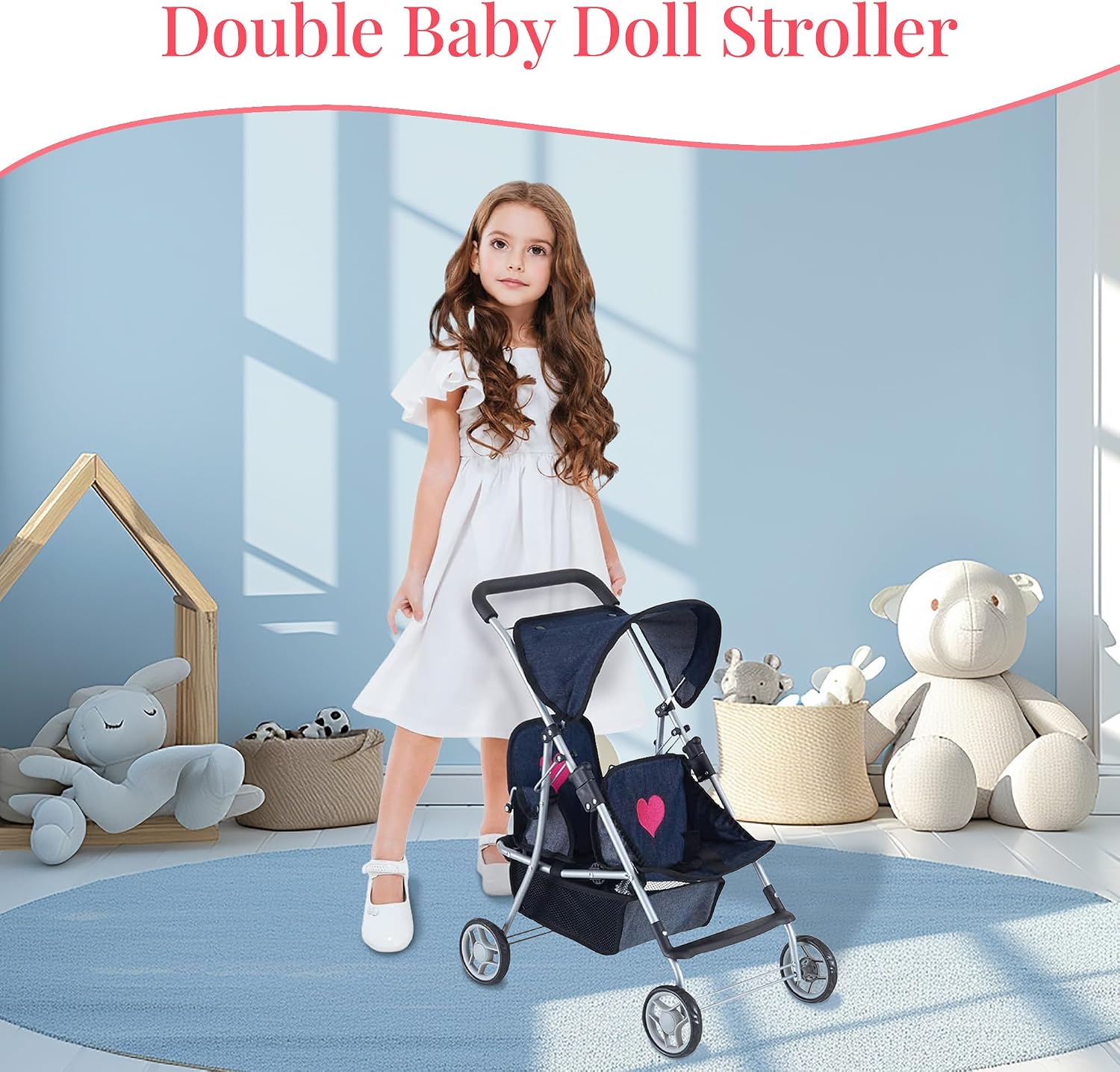 My First Doll Twin Stroller - Cutest Heart Design Doll Twins Stroller - Great Toy Gift for Girls