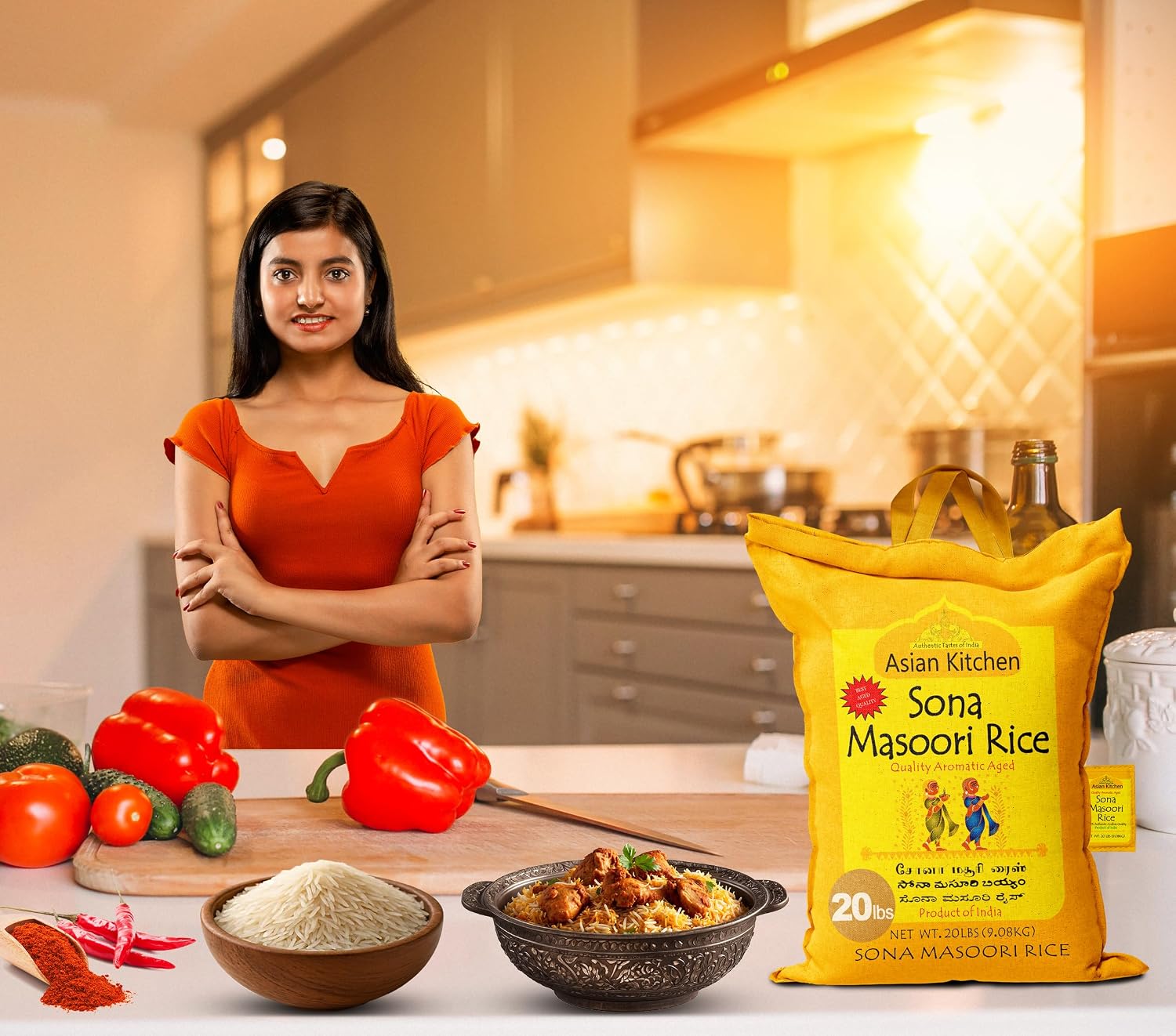 Asian Kitchen White Sona Masoori Aged Rice 20-Pound Bag, 20lbs (9.08kg) Short Grain Rice ~ All Natural | Gluten Friendly | Vegan | Kosher | Indian Origin | Export Quality