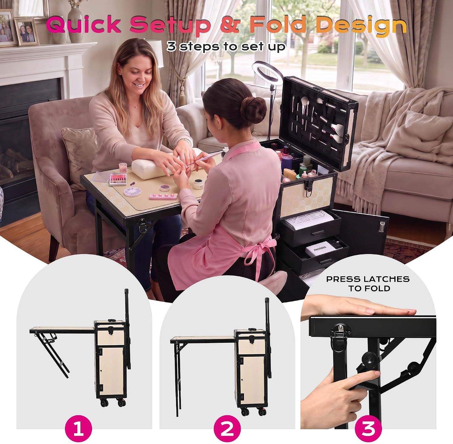 BYOOTIQUE Portable Nail Desk with 4 Storage Drawer Rolling Manicure Table