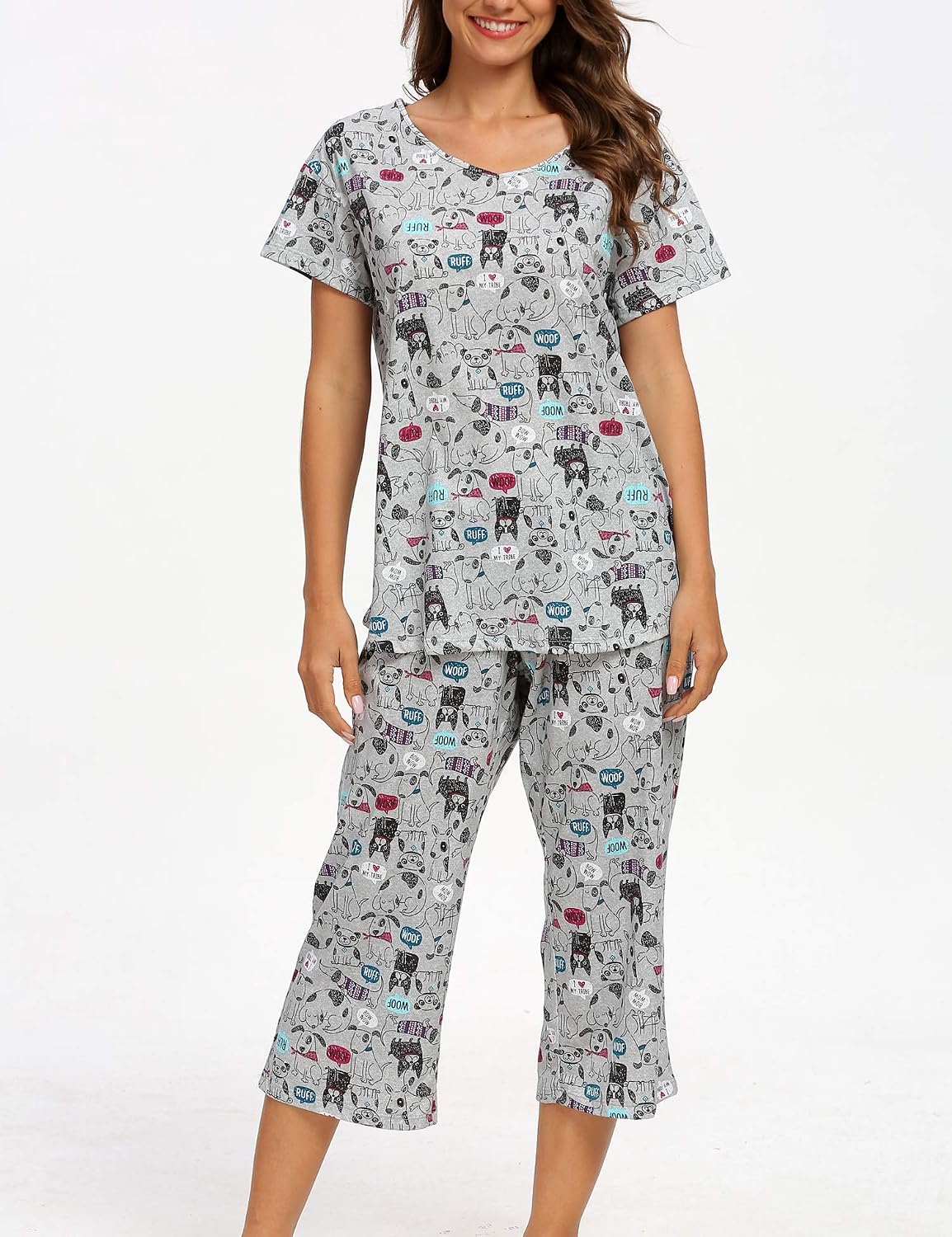 ENJOYNIGHT Womens Pajama Set Cotton Summer Pj Top with Capri Pant Sleepwear