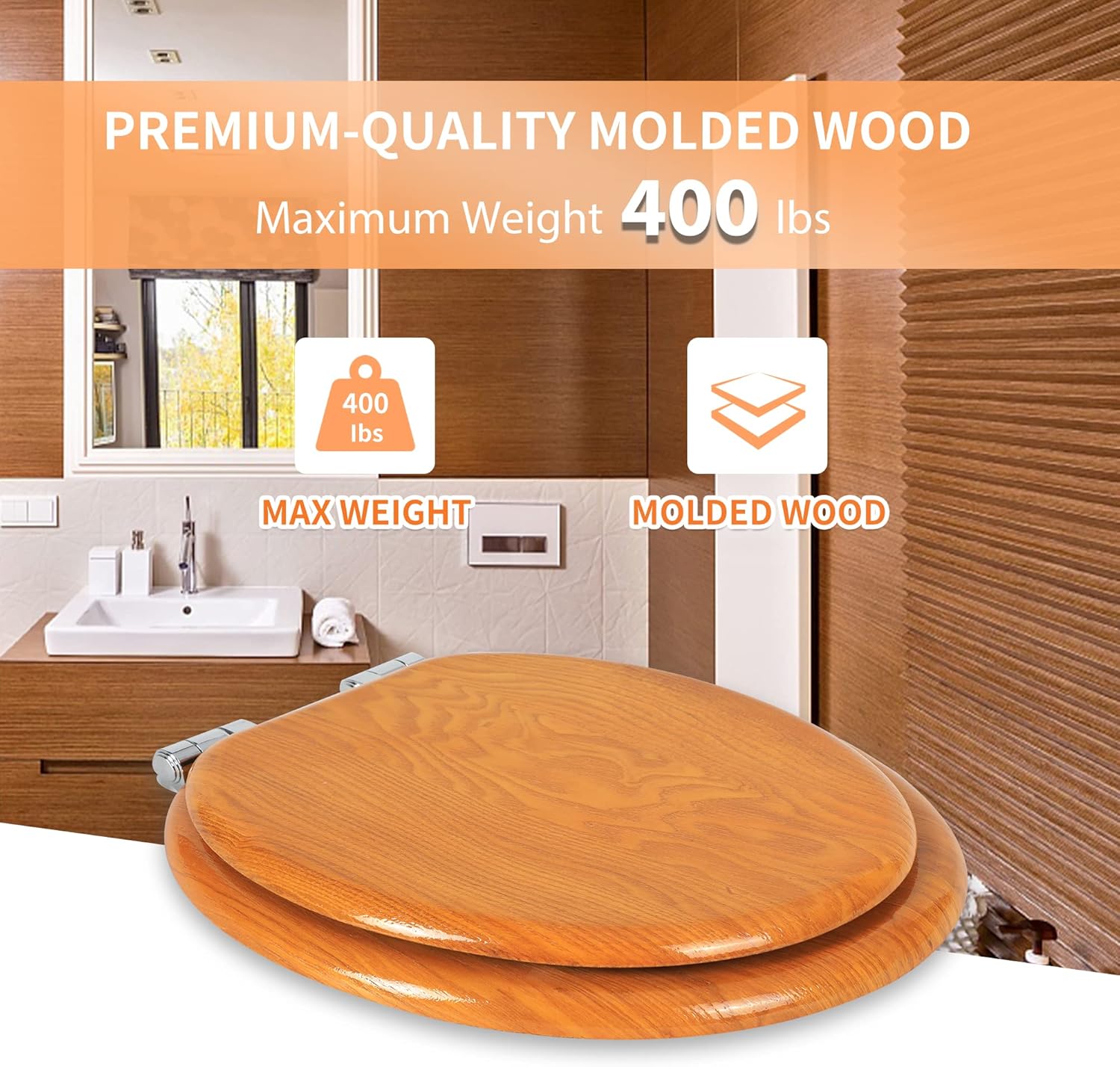 Angel Shield Toilet Seat with Zinc Alloy Hinges Quiet-Close Quick-Release Wood Molded UV Lid Easy Clean(Elongated,Black)