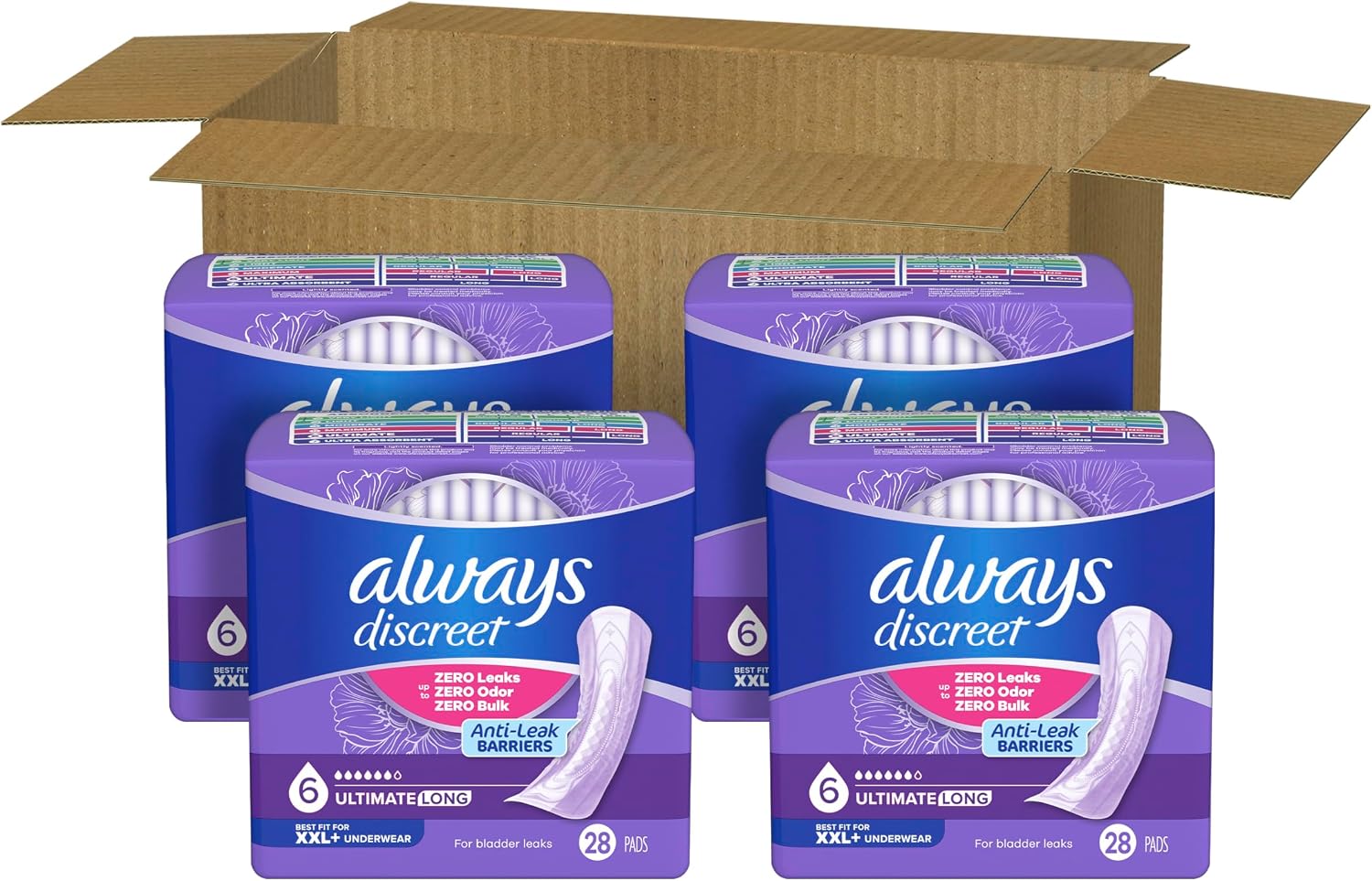 Always Discreet Adult Incontinence Pads for Women, Drier, 6 Drop Long Length, Extra Heavy Absorbency, Pads for Bladder Control Management, Bladder Leaks, & Postpartum Pads, 45ct
