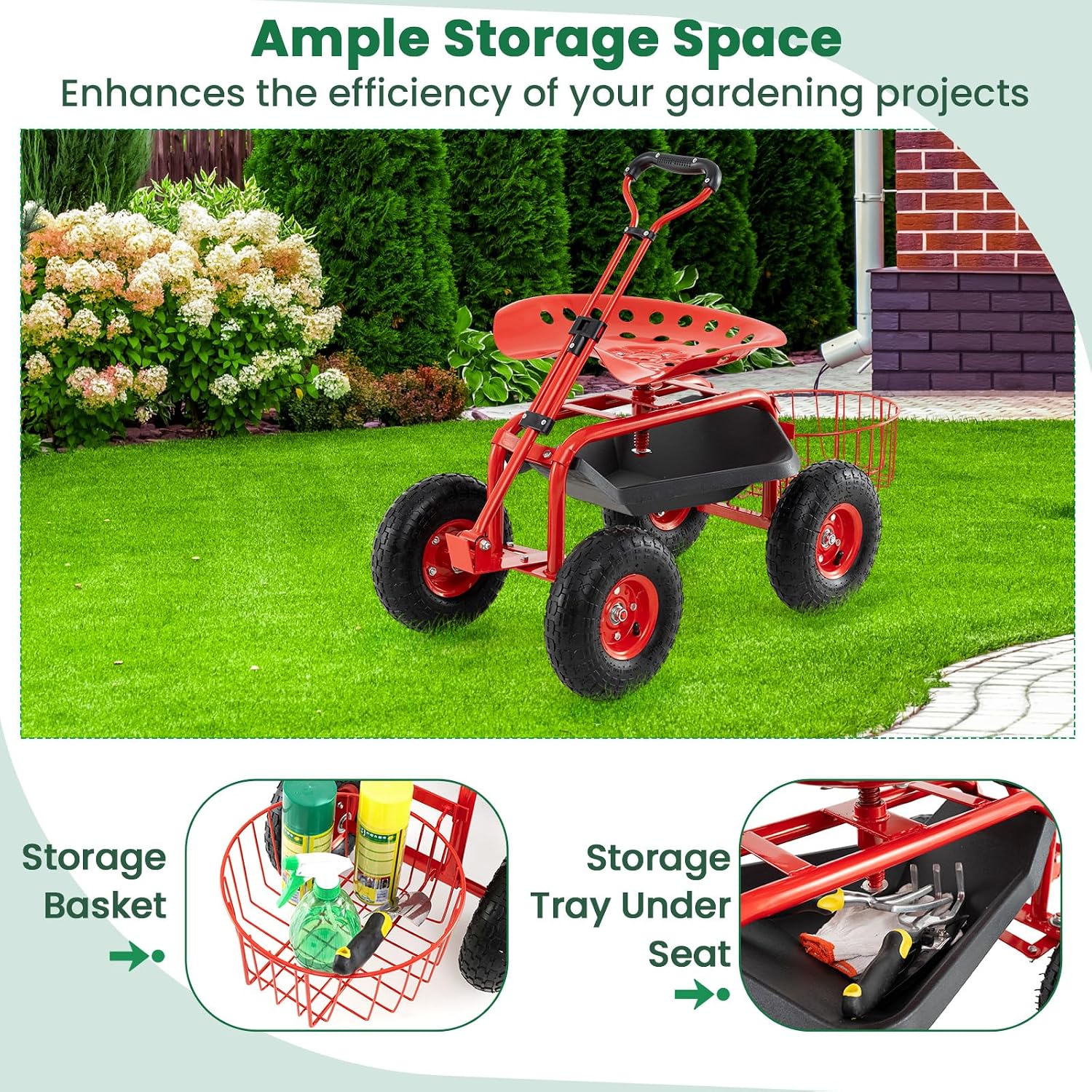 Giantex Rolling Garden Cart with Seat, 4-Wheel Gardening Workseat with Storage Basket, Swivel Stool Adjustable Seat, Steering Handle