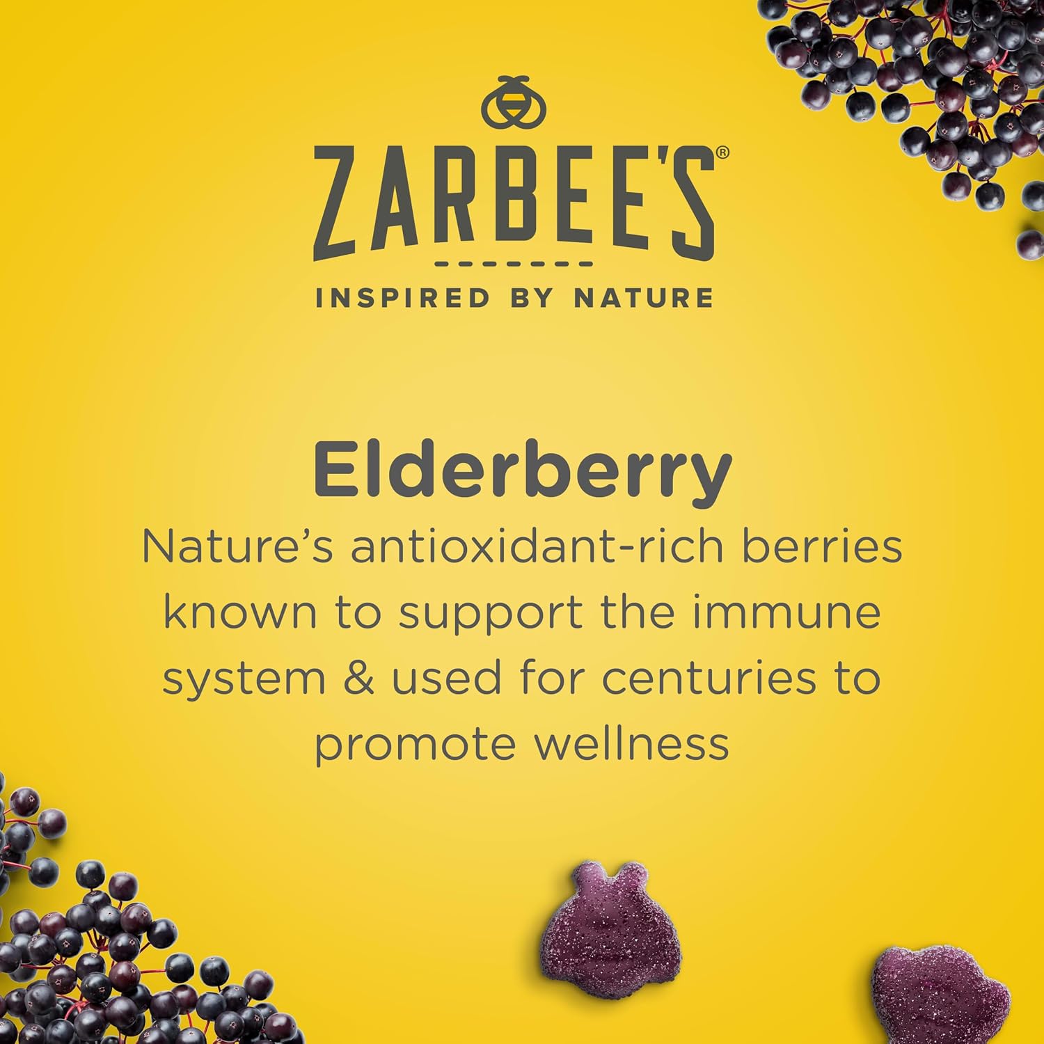 Zarbee's Kids Elderberry Immune Support Gummies, 60 ct | For Kids Ages 12+ Years, Real Elderberry, Vitamins A, C, D3, E & Zinc, No Artificial Sweeteners or HFCS