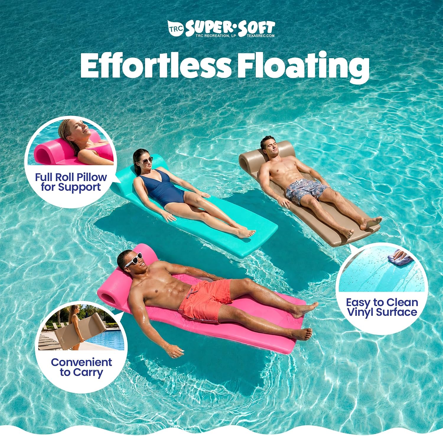 TRC Recreation Sunsation 1.75" Thick Foam Pool Float Lounger w/ Headrest for Lounging & Sunbathing in Swimming Pools, Beaches & Lakes, 70" x 26