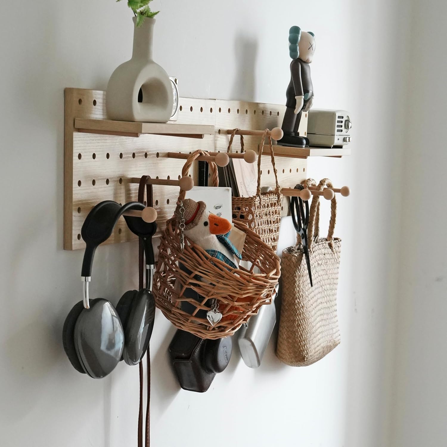 Wooden Pegboard Modular Display Organization Storage Wall Hooks Shelf(Color:Oak)