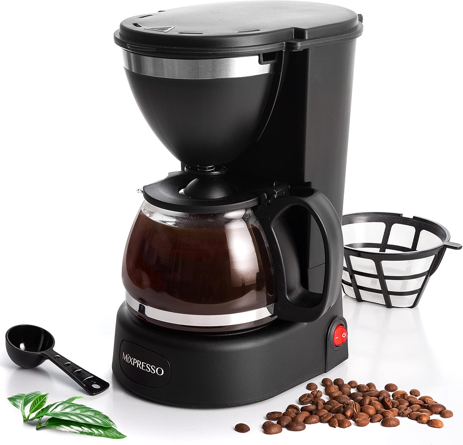 Mixpresso 5 Cup Drip Coffee Maker, Coffee Pot with Reusable Filter, Black | Glass Carafe Coffee Machine with Auto-Off, Anti-Drip, Water Window and Easy On/Off Switch for Convenient Everyday Brewing
