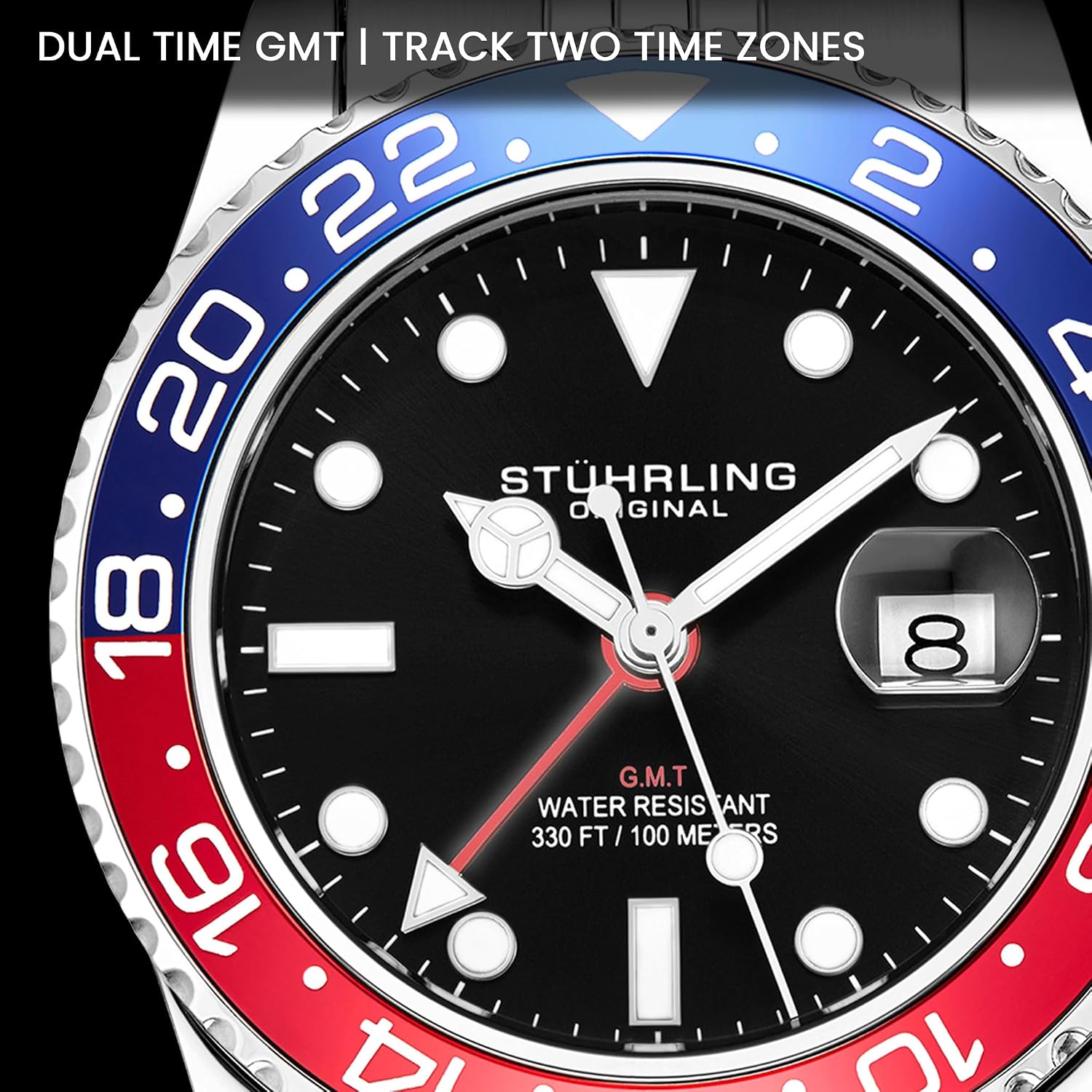 Stuhrling Original Men's Stainless Steel Jubilee Bracelet GMT Watch Quartz - 42mm Quartz Analog Wrist Watch for Men, Mens Quartz Watch, Stainless Steel Case, Casual Work Watch, Water Resistant Watch