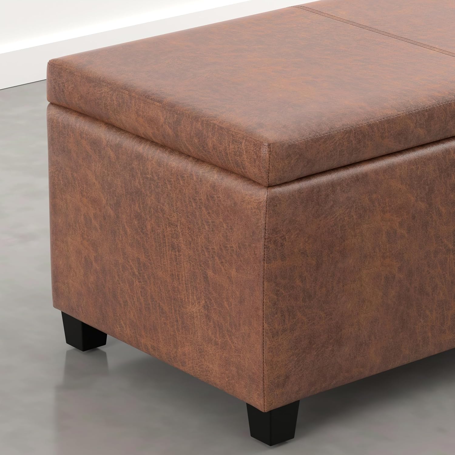 SIMPLIHOME Avalon 54" Wide Vegan Leather Storage Ottoman in Tanners Brown