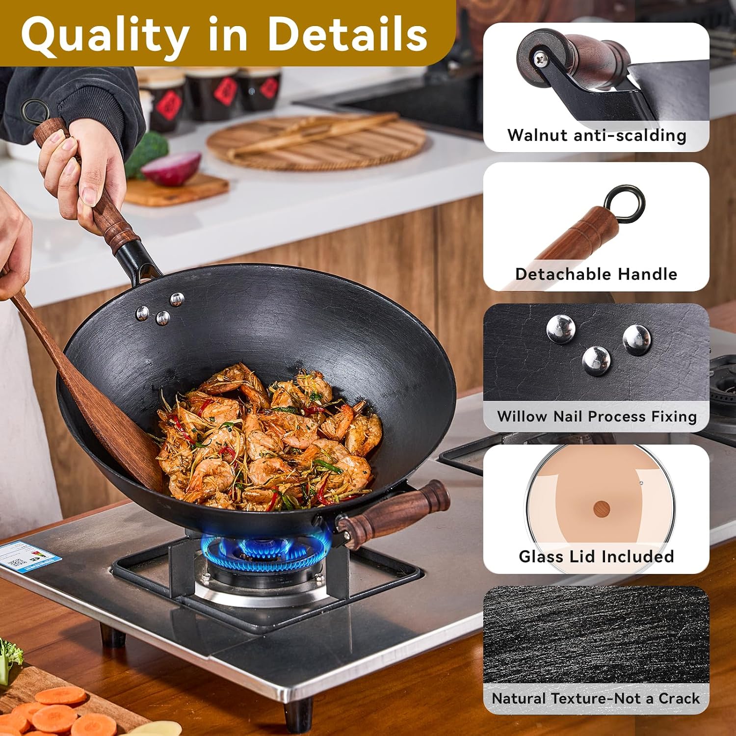WANGYUANJI 12.6 Inch Cast Iron Wok with Wooden Lid, Handcrafted Flat Bottom Chinese Stir Fry Pan, Uncoated Heavy-Duty Iron Wok for Induction, Gas