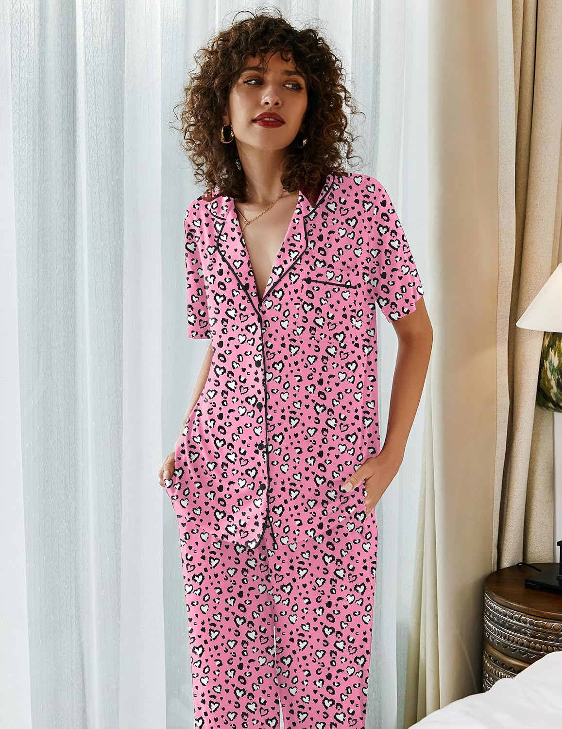 Ekouaer Womens Pajamas Set Short Sleeve Button Down Top & Pants Lounge Pjs
