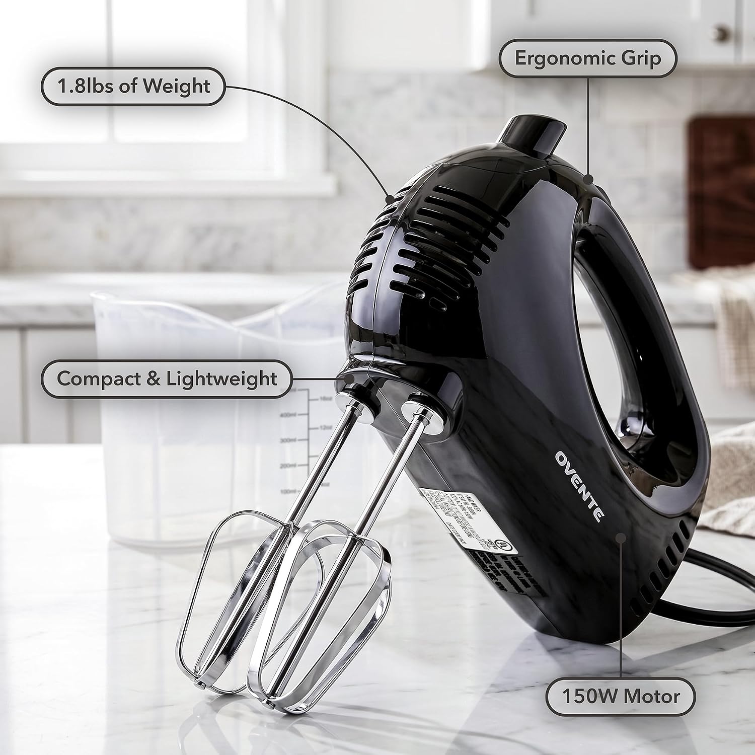 OVENTE 5-Speed Electric Hand Mixer with Storage Case,150W, White HM151W | Stainless Steel Whisks, Compact Portable Design, Lightweight Handheld Mixer for Baking & Cooking