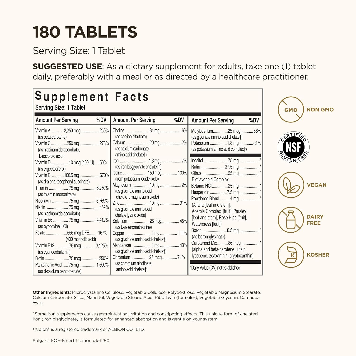 Solgar Formula VM-75, 90 Tablets - Vitamin A, B6, B12, C, D, E, Vegan | Multivitamin with Chelated Minerals - Biotin, Magnesium, Calcium, Iron, Zinc, Gluten Free, Dairy Free, Kosher - 90 Servings