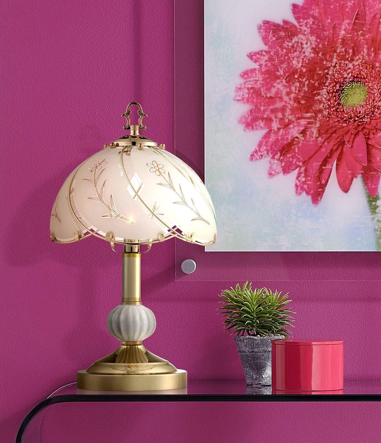 Polished Brass Flower Petal 15" Small Table Lamp Gold Touch 4-Way Glass Off | Etched Shade Art Traditional Cottage Floral Bedroom House Bedside Nightstand Home Office Living Room