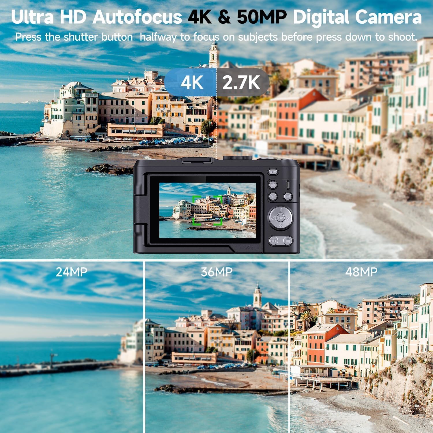 4K Digital Camera for Photography, 3" 180° Flip Screen with 64GB Card | 50MP Vlogging Camera, 4K Video Recording, 18X Digital Zoom, Built-In Flash, Compact Travel Size, Great For Teens & Beginner