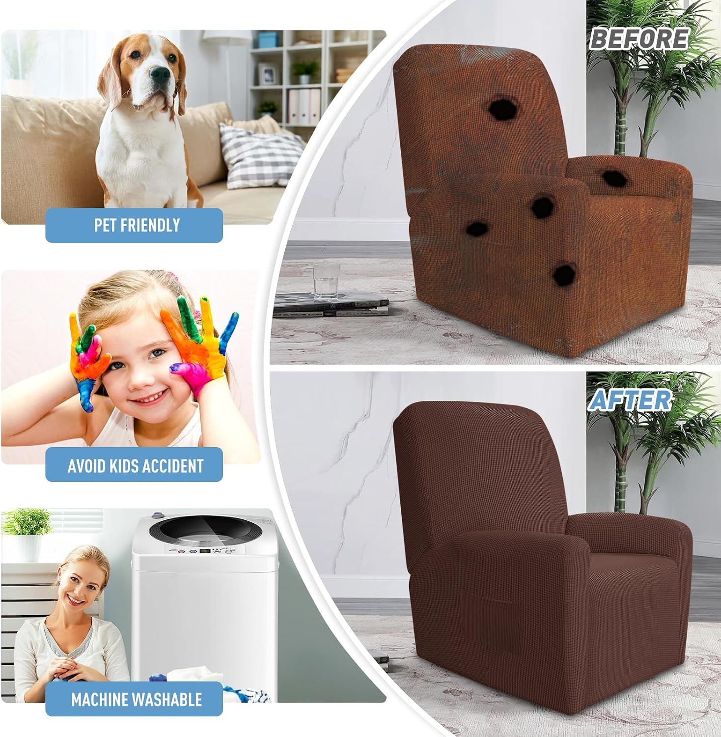 JIVINER Super Stretch Recliner Chair Covers 4 Pieces Sofa Slipcover for Reclining Chair Spandex Soft Recliner Slipcover with Pockets Recliner
