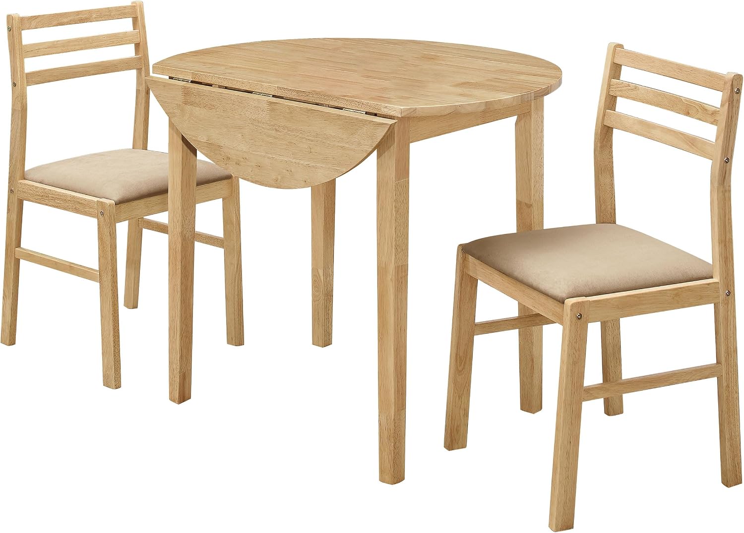 Coaster Home Furnishings 3-Piece Round Wood Dining Room Set Drop Leaf Extension Table Ladder Back Side Chairs Upholstered Seat Cushions Beige and