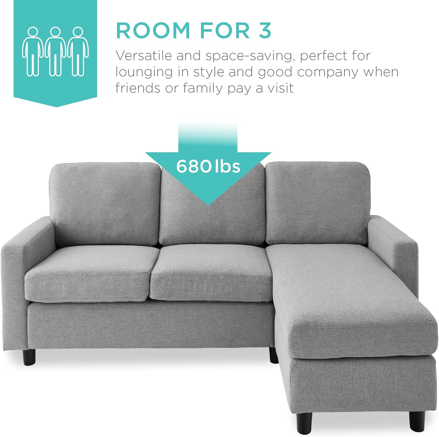 Best Choice Products Upholstered Sectional Sofa for Home, Apartment, Dorm, Bonus Room, Compact Spaces w/Chaise Lounge, 3-Seat, L-Shape Design