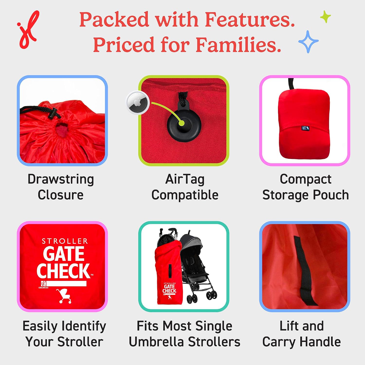 J.L. Childress Gate Check Bag for Umbrella Strollers - Travel Bag for Airplane, Fits Most Single Umbrella Baby Strollers, Airport Accessories for Gate Check, Flying Essentials - Red