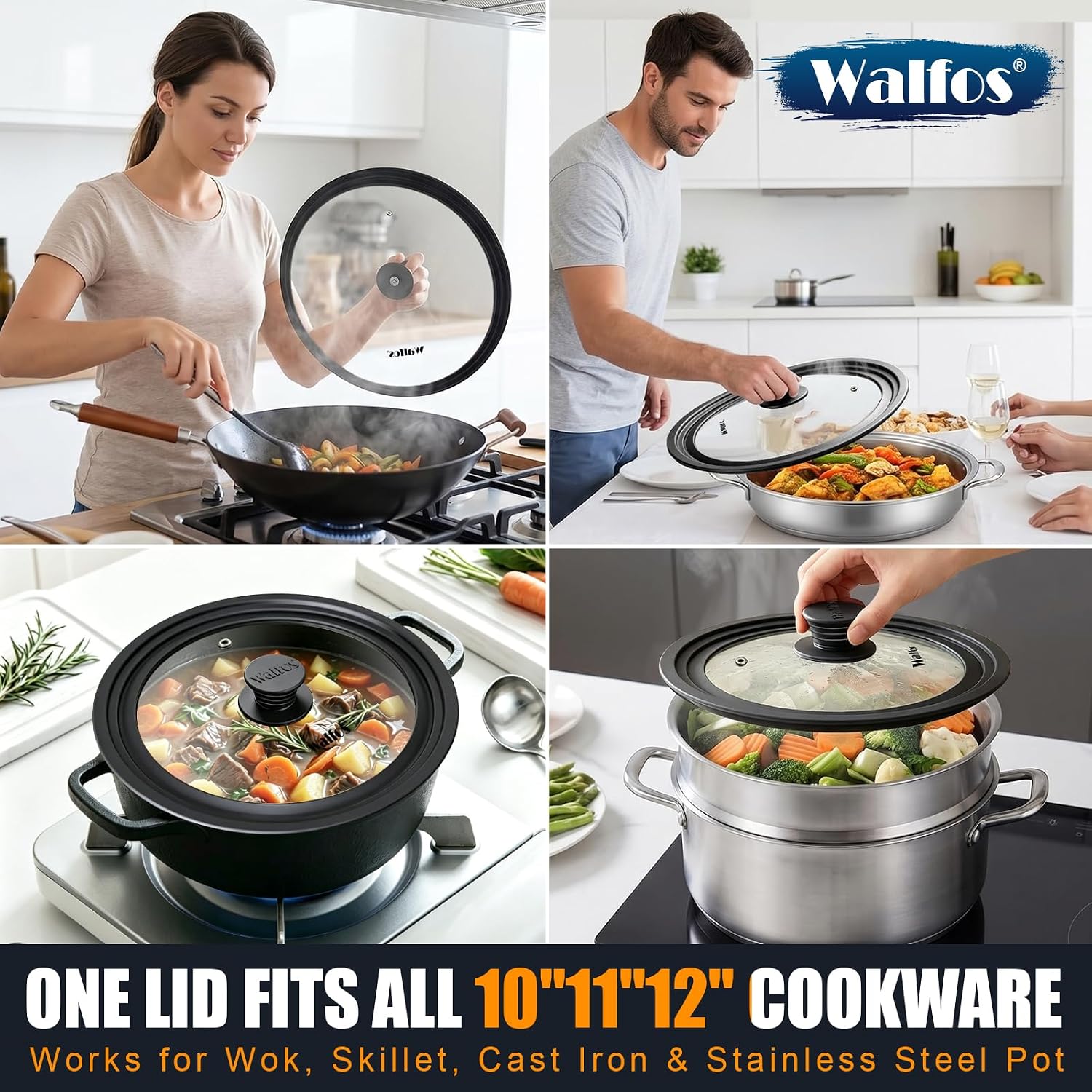 Universal Lid for Pots, Pans and Skillets - Tempered Glass with Heat Resistant Silicone Rim, Fits 10", 11" and 12" Diameter Cookware, Round