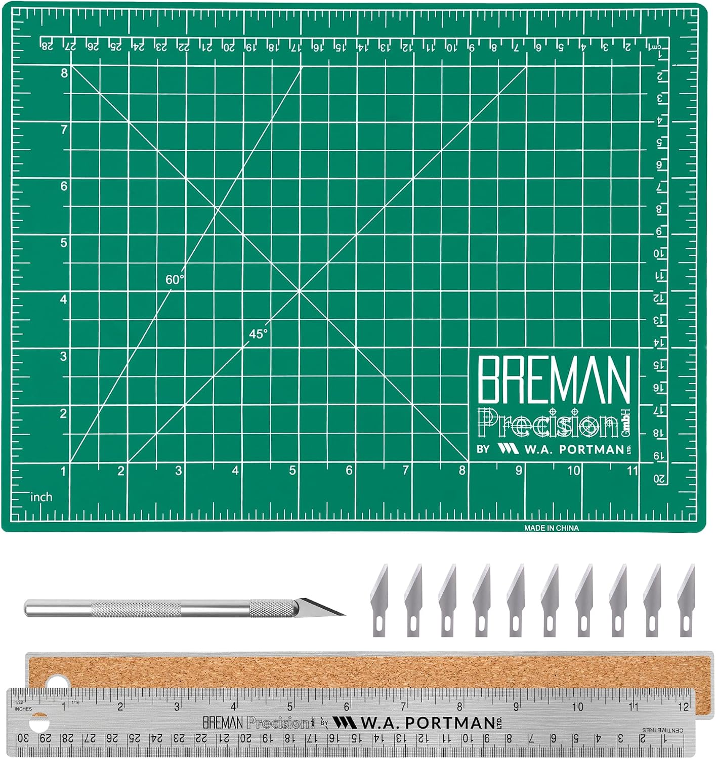 WA Portman Self-Healing Cutting Mat, Crafting Knife, 36'' Metal Ruler Set | This set includes 24x36 Inch Sewing Cutting Mat, 10pc #11 Blades, Exacto Knife Set, & 36 Inch Cork Backed Metal Ruler Set