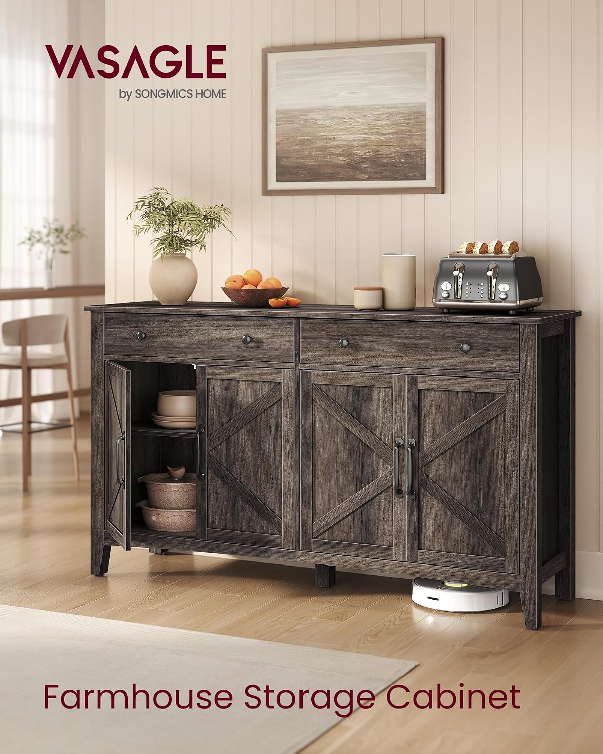 VASAGLE LIRY Collection - Storage Cabinet, Buffet Cabinet, Sideboard, Credenza, with Adjustable Shelves, for Entryway, Rustic White and Honey Brown ULSC381W01