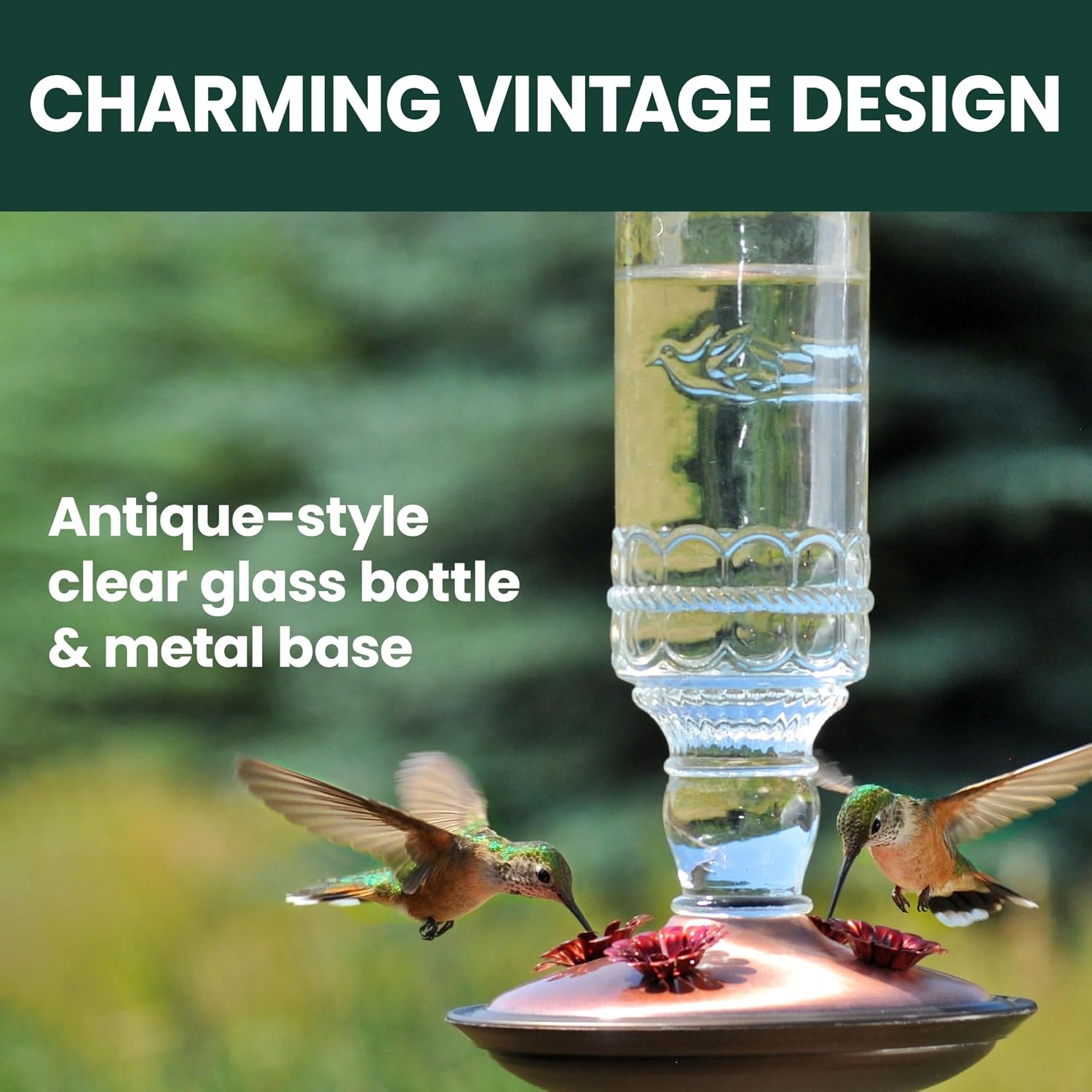 Perky-Pet Antique Glass Bottle Hummingbird Feeder, 10 oz Capacity, Green | 4 Feeding Ports for Outdoors Hanging Bird Feeders, Backyard Garden Décor