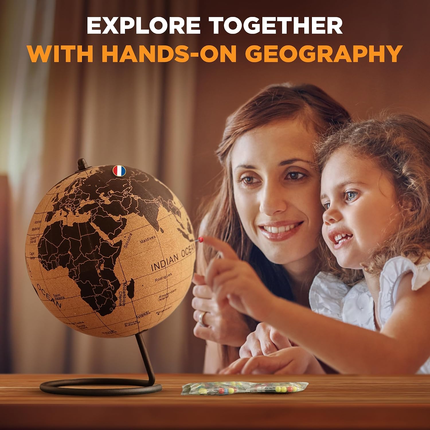Cork Globe with Push Pins - 9.4” Globe with Map of the World and Rotating Stand for Adults