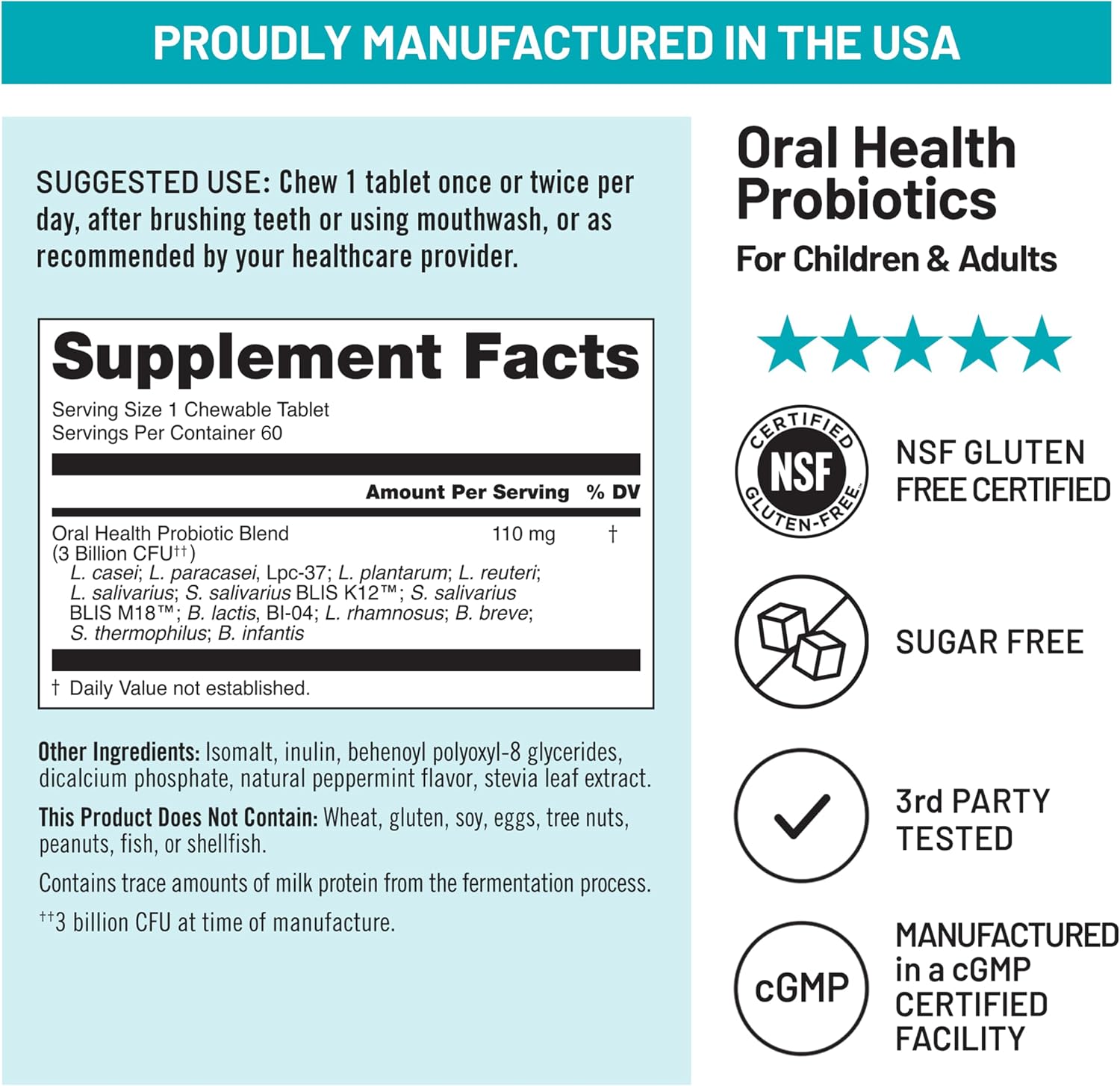 NatureWise Oral Probiotics for Mouth Bad Breath - Chewable Sugar-Free Mint - Lactobacillus reuteri Chewable - Oral Probiotics For Kids & Adults - Non-GMO USA Manufactured - 60 Count[60-Day Supply]